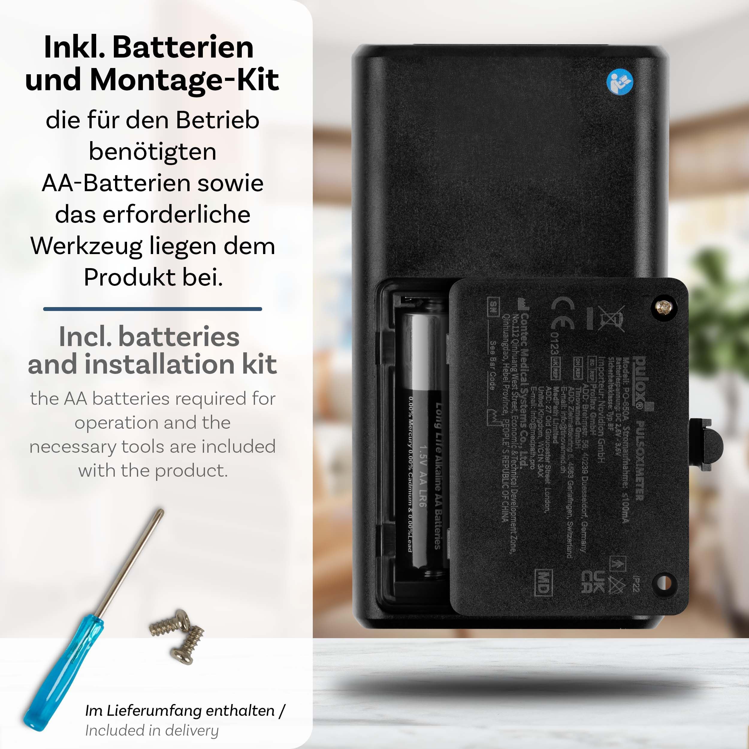 Pulox PO-650A Handheld Pulsoximeter mit Sensor für SpO2 & Puls | Für Langzeitmessungen mit Datenspeicher und akustischem Warnsignal, externer Sensor für flexible Anwendungen