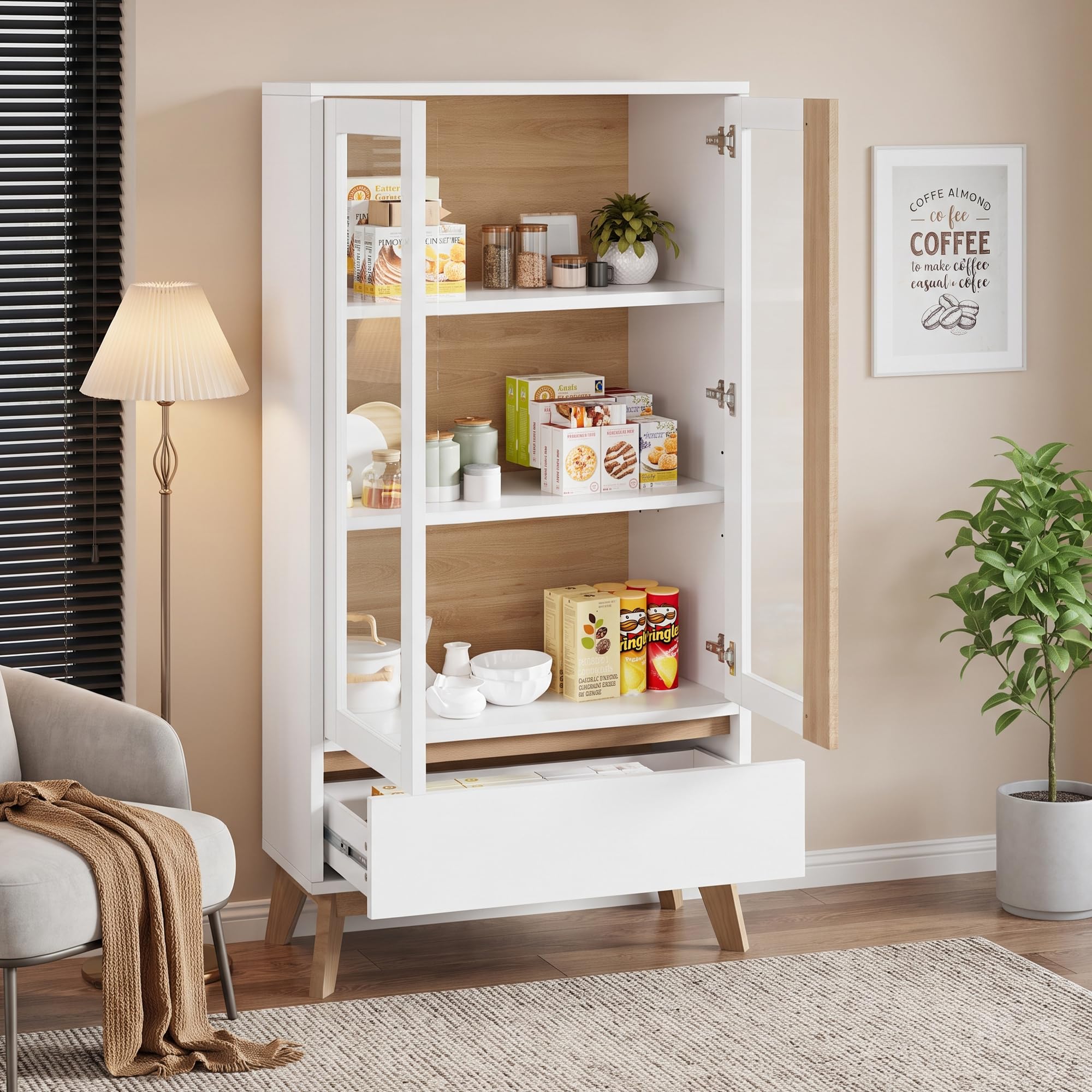Armadi da cucina, dispensa, credenza, adatto per piccoli spazi in sala da pranzo o soggiorno, con ripiani regolabili, bianco + legno