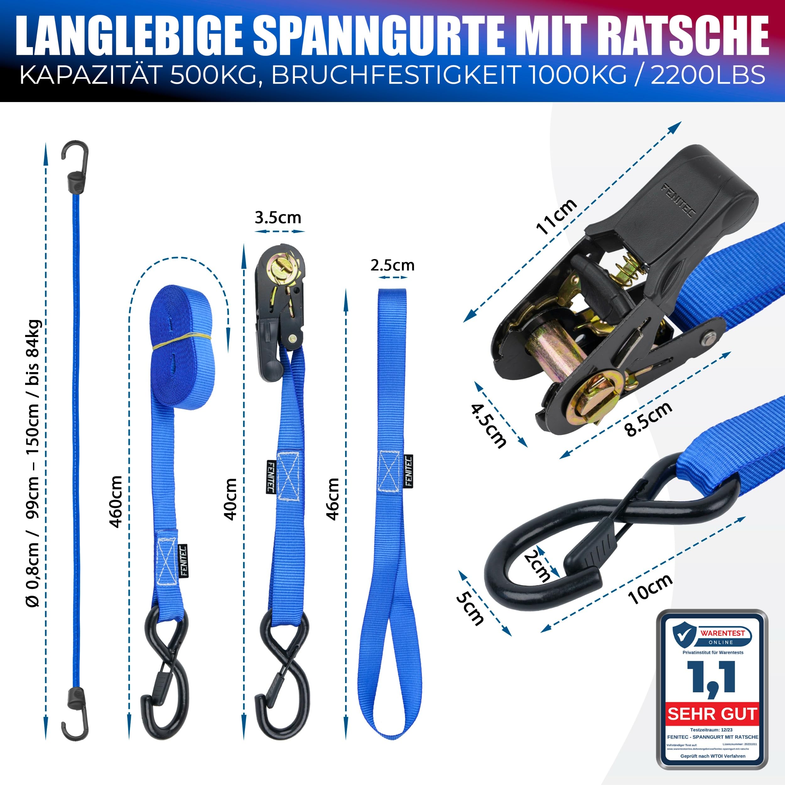 4 cinghie di serraggio con cricchetto e gancio, 4 x carico di rottura di 1000 kg, EN 12195-2 TÜV/GS con cricchetto, 5 m, 25 mm, 12 pezzi, cinghie a cricchetto a doppia cucitura per il fissaggio del