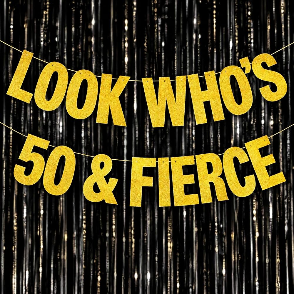 Double-Sided Glitter 50th Birthday Decorations Banner for Women, Pre-Strung Funny Birthday Decoration Sign Look Who's 50 and Fierce, Golden Glitter Party Banner — 사진 1