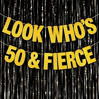 Double-Sided Glitter 50th Birthday Decorations Banner for Women, Pre-Strung Funny Birthday Decoration Sign Look Who's 50 and Fierce, Golden Glitter Party Banner