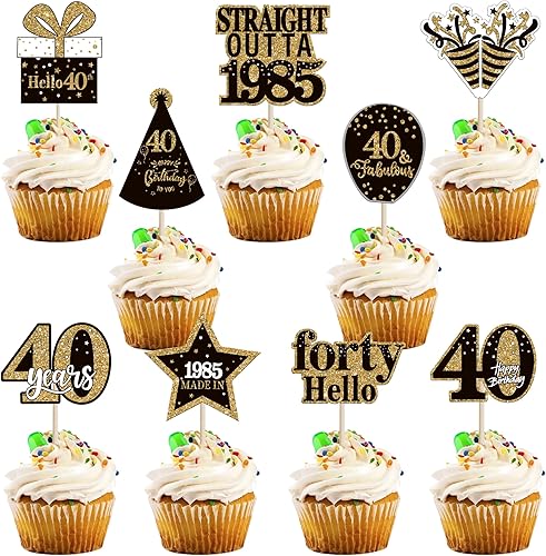 36 piezas de decoración para cupcakes de feliz cumpleaños 40 de doble cara negro dorado cuarenta y hola 40 rectos para decorar cupcakes 40 fabulosas
