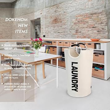 DOKEHOM 90L Large Laundry Basket, Collapsible Laundry Bag, Freestanding Tall Clothes Hamper, Foldable Washing Bin (Beige)
