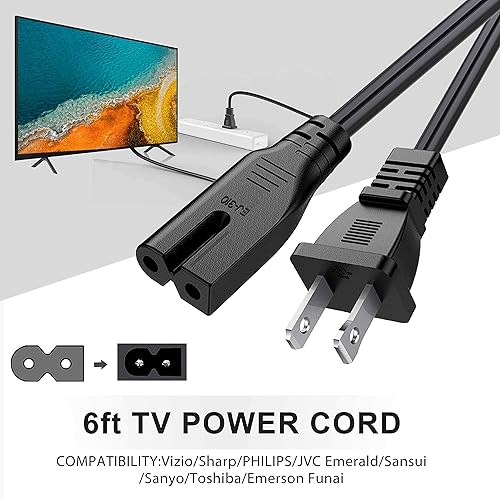 Miniatura 10 de BICMICE Cable de alimentación polarizado extra largo de 2 clavijas de 15 pies para Vizio-LED-TV Smart-HDTV E-M-Series Barra de sonido Adaptador de 2