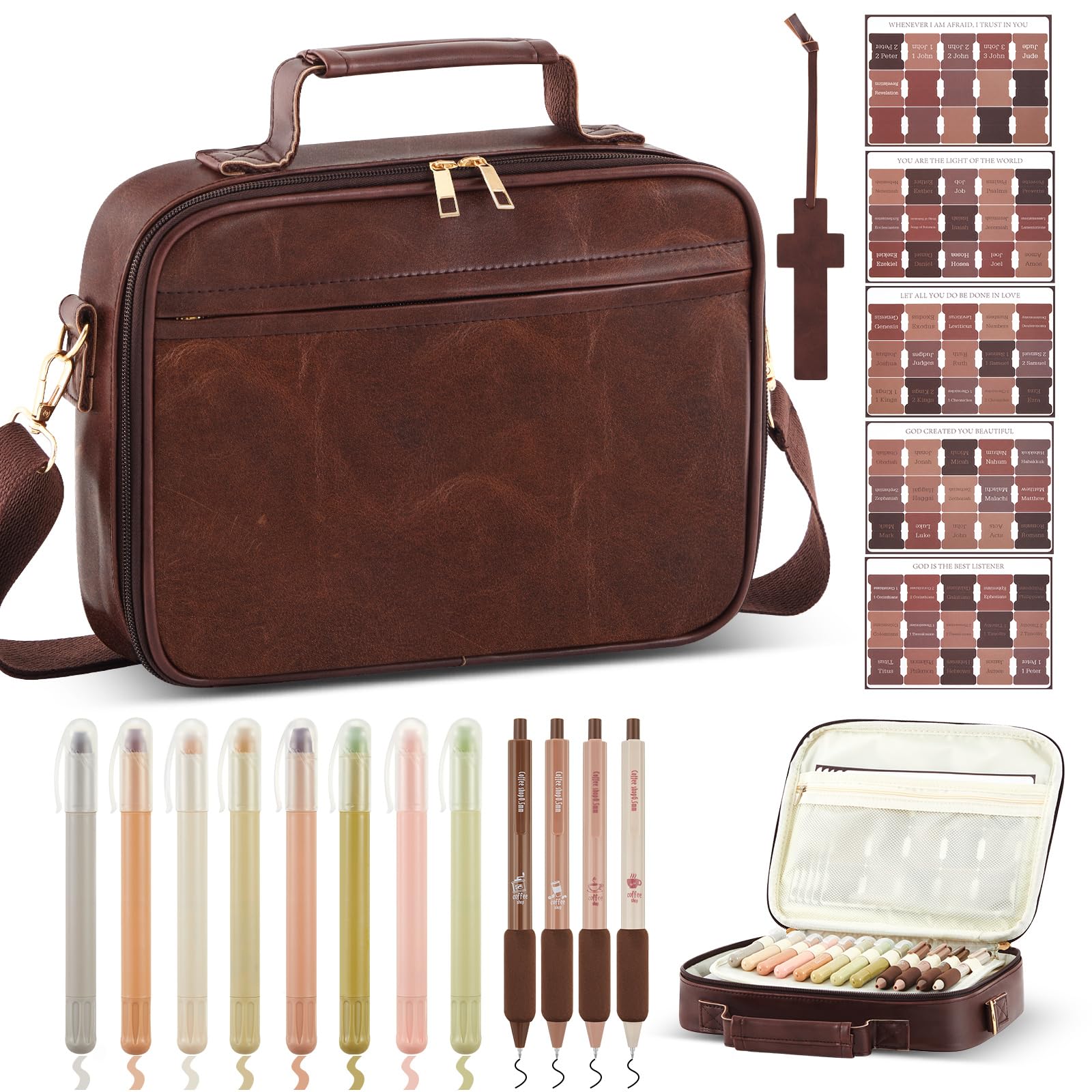 Sinload Étui de bible vintage en cuir avec onglets de la Bible, 4 stylos gel, 8 surligneurs, étui de bible avec bandoulière pour étude, sac d'église fabriqué à la main et cadeau religieux pour homme