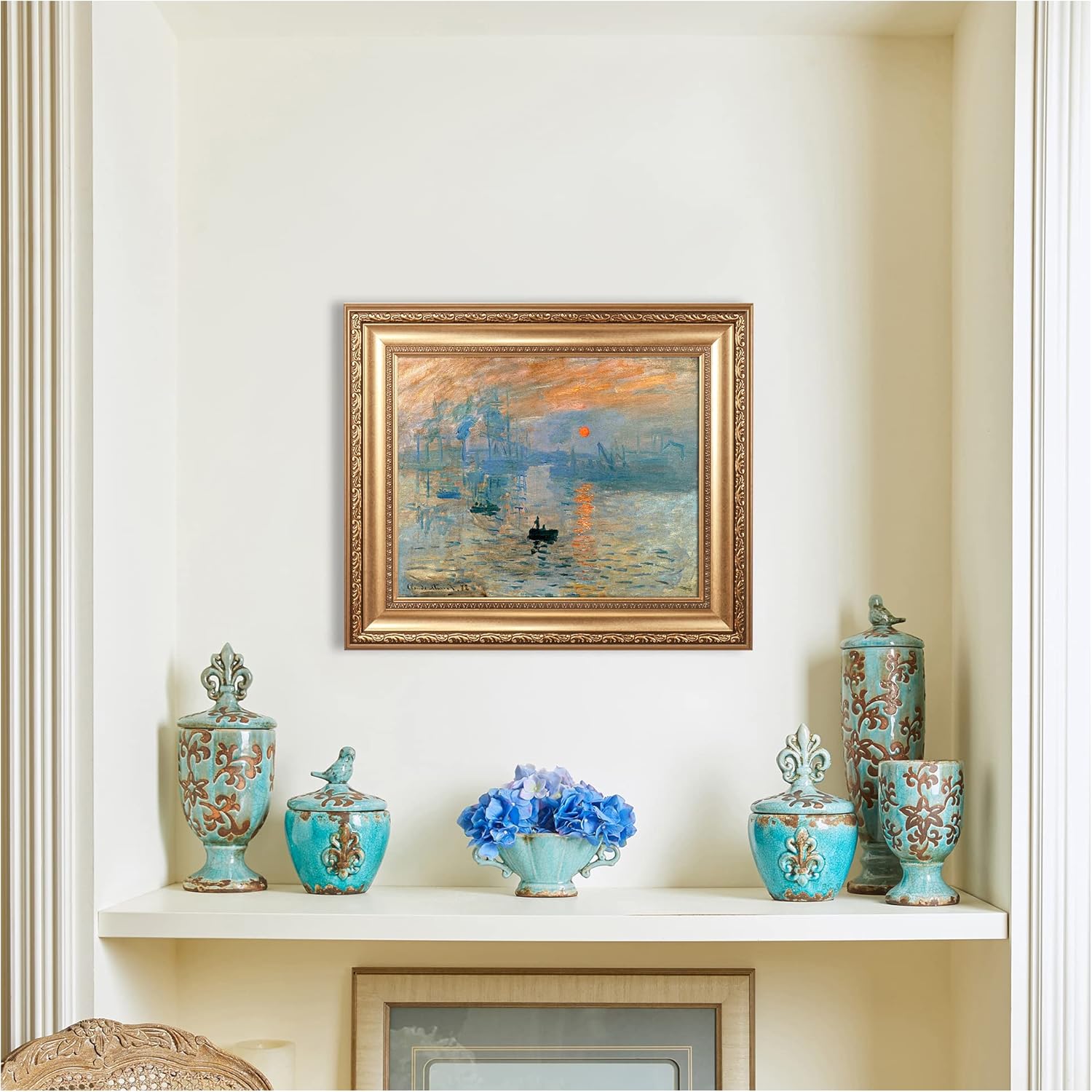 Impression Sunrise by Claude Monet Framed Size:26x22 inches,Image Size:20x16 inches World Classic Reproductions For HomeDecor,Wide Gold Frame