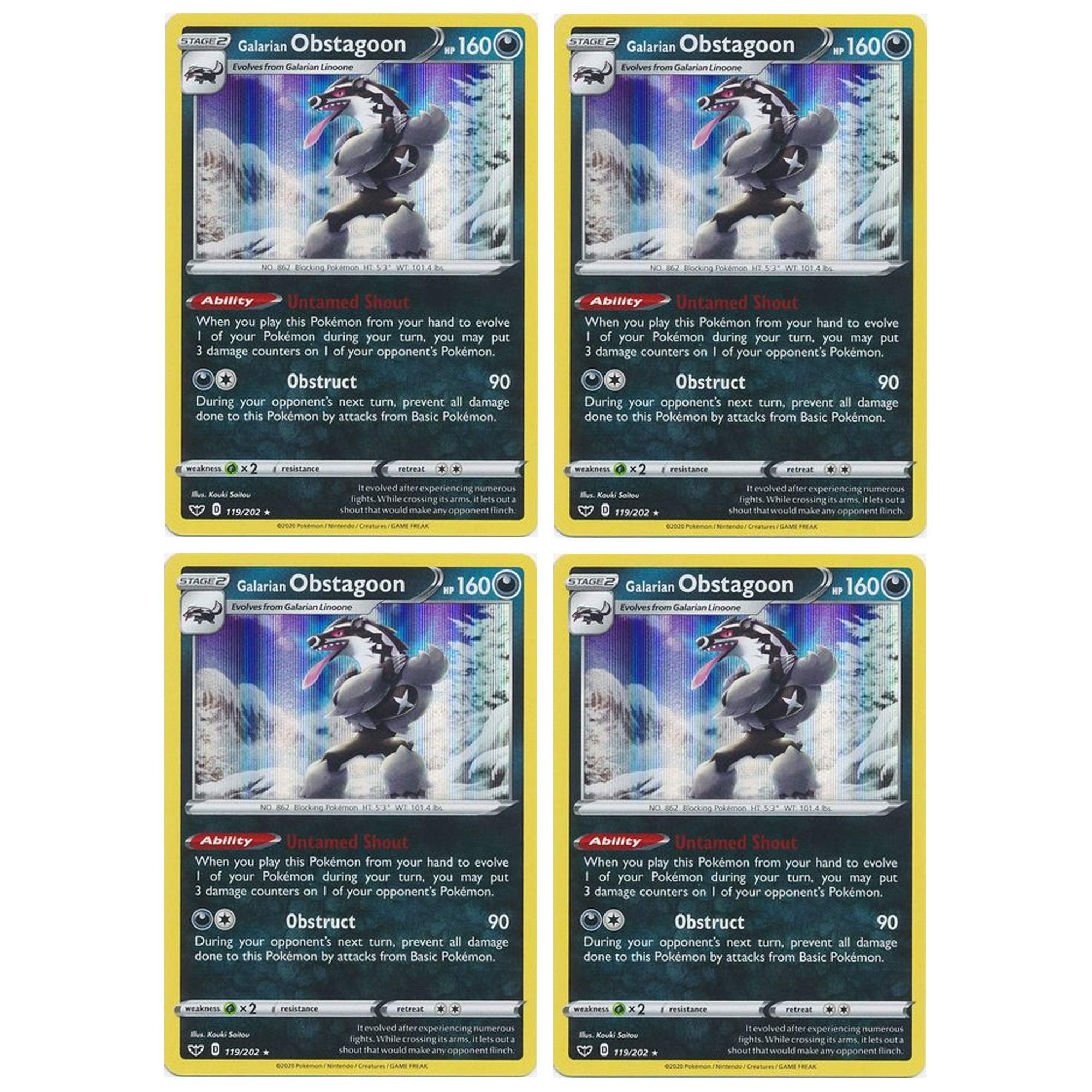 Pokemon Card - Galarian Obstagoon - Sword and Shield Base - x4 Card Lot Playset - 119 202