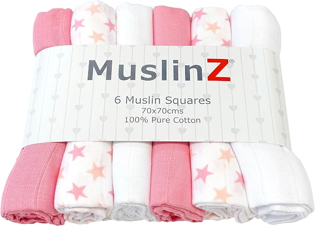 MuslinZ 6pk Baby Muslin Square Burp Cloth Star Mix 100% Cotton 70x70cm (Pink)