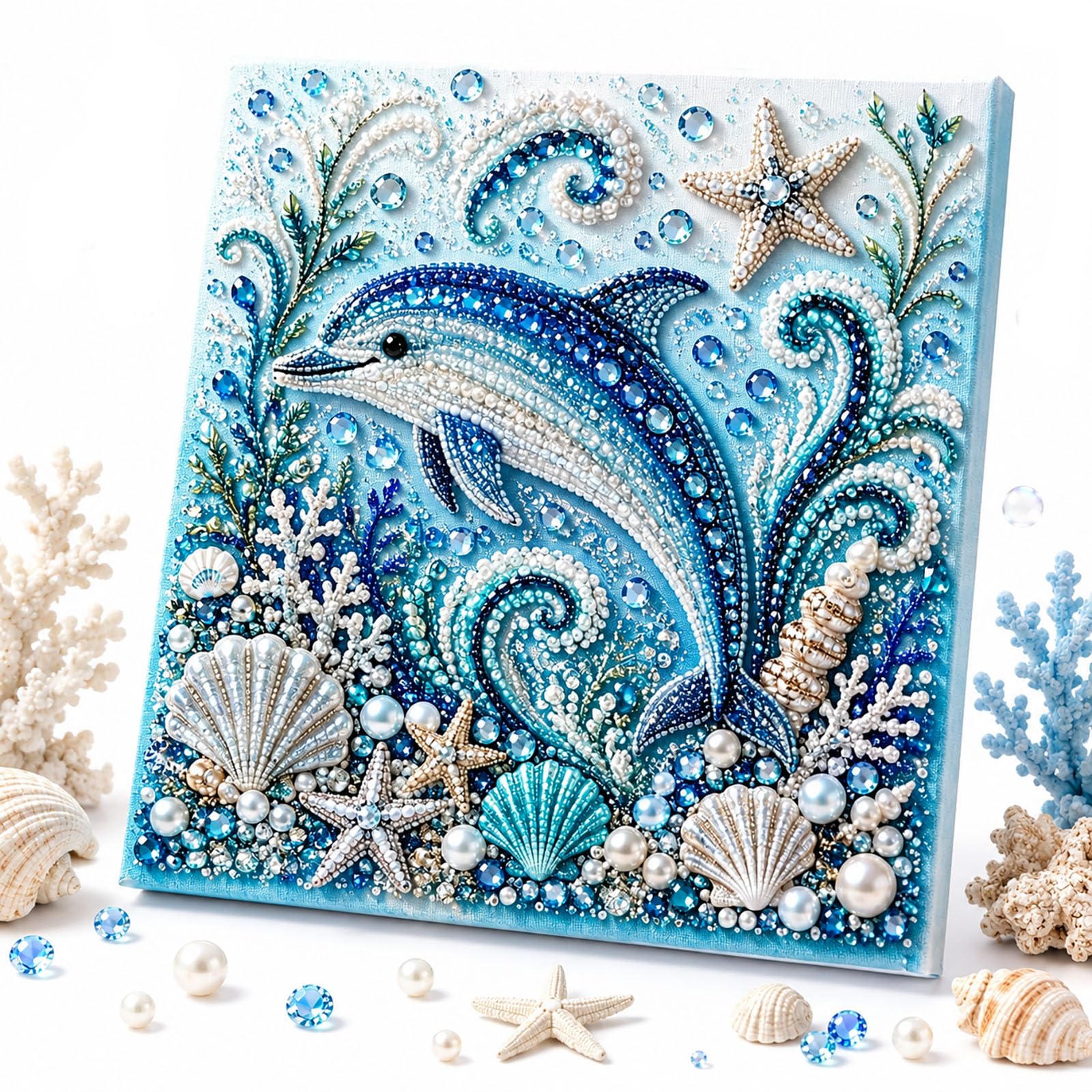 Everydries Ocean Theme Pearl Art DIY Kit, Octopus Diamond Art, Wall Art, Pearl Painting Kits for Adults, 3D Diamond Seashell Art (Dolphin)