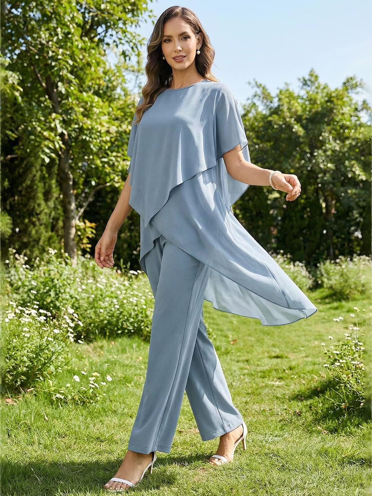 JAEDEN Chiffon 2 Teiler Hosenanzug Damen Halbarm Brautmutter Hosenanzug für Hochzeit