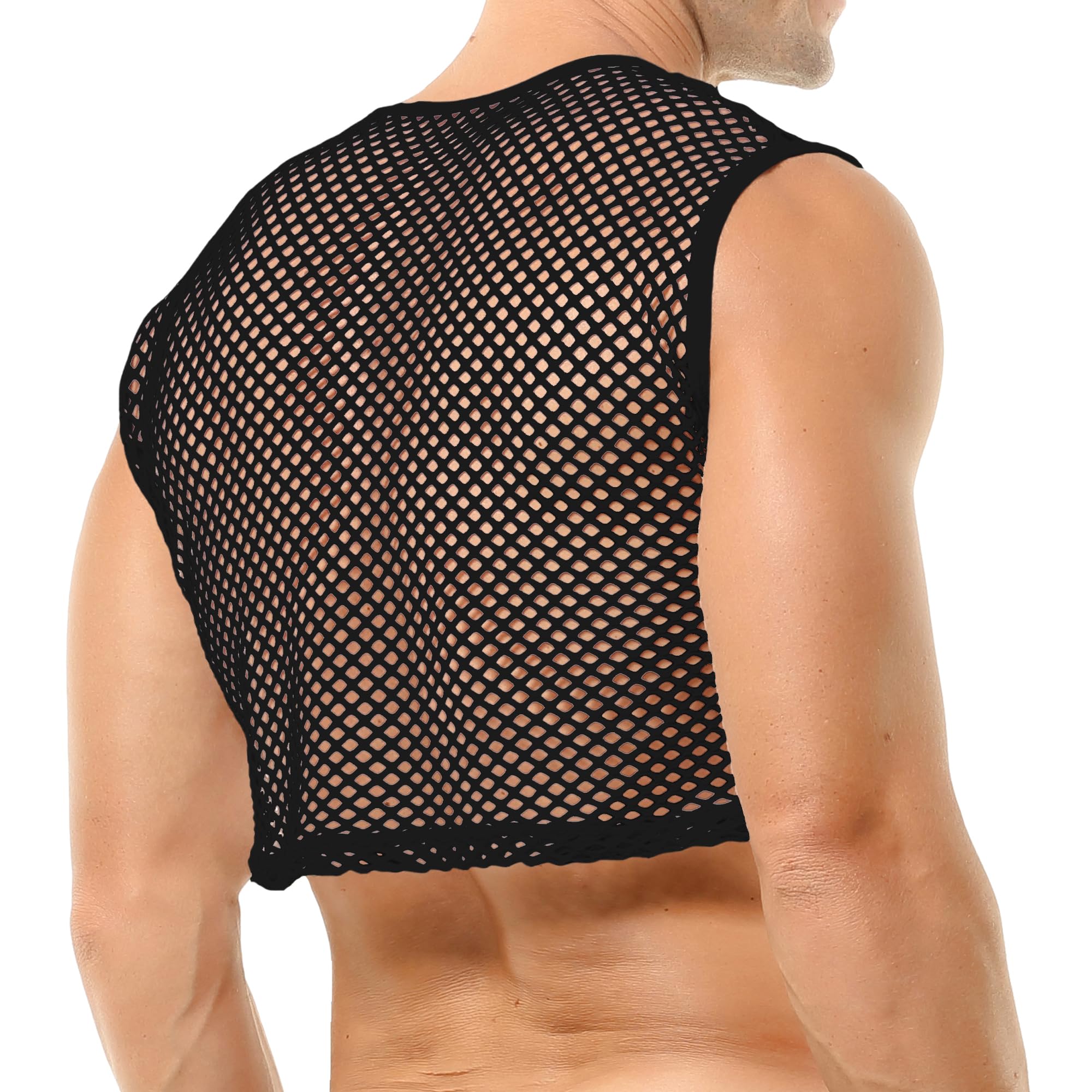 QiaTi Camisetas de malla para hombre, cuello redondo transparente, sin mangas, sexy
