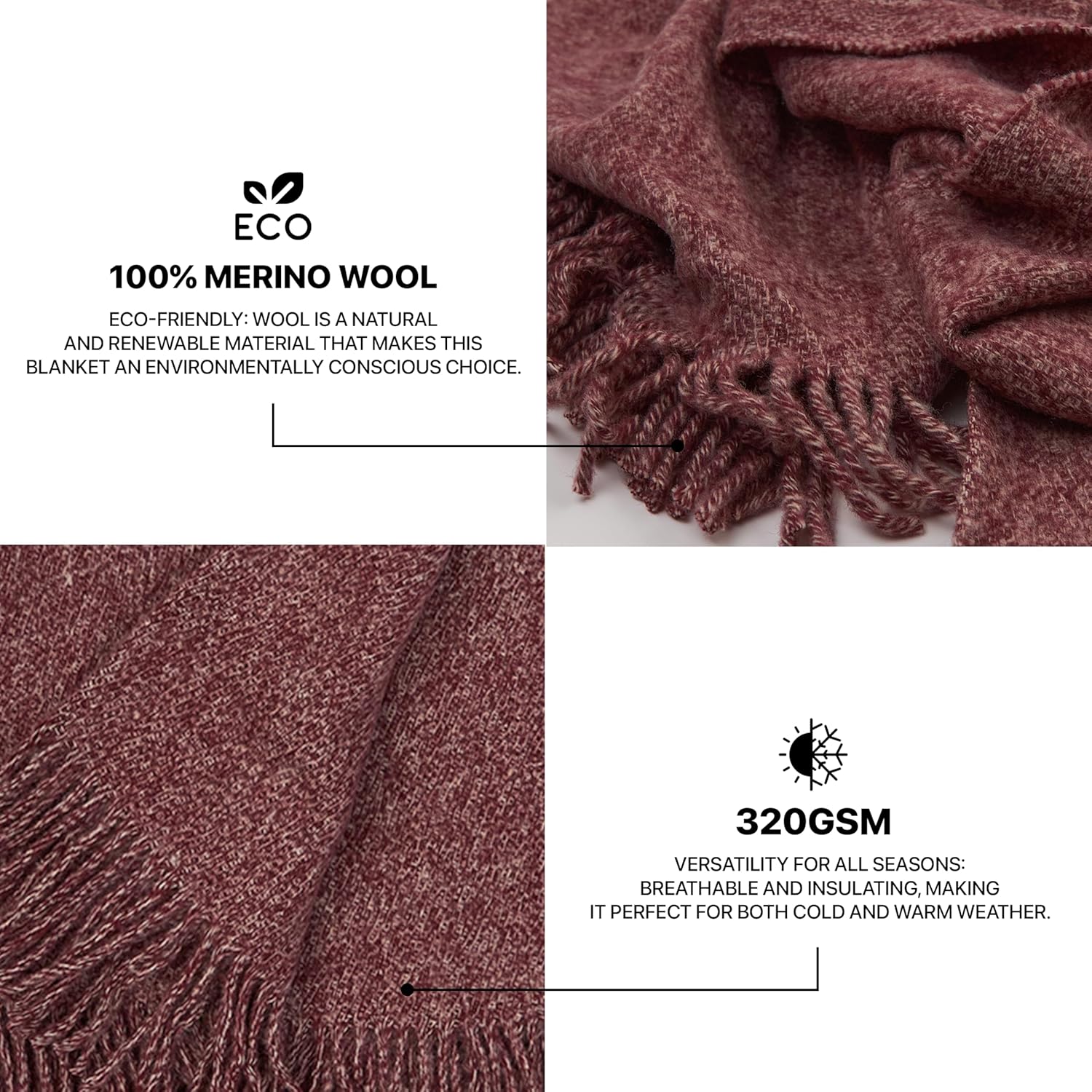 Merino Wool Throw Blanket, Indoor & Outdoor Blankets and Throws, Soft Blanket with Fringes, 65"x79" (170 x 200 cm)