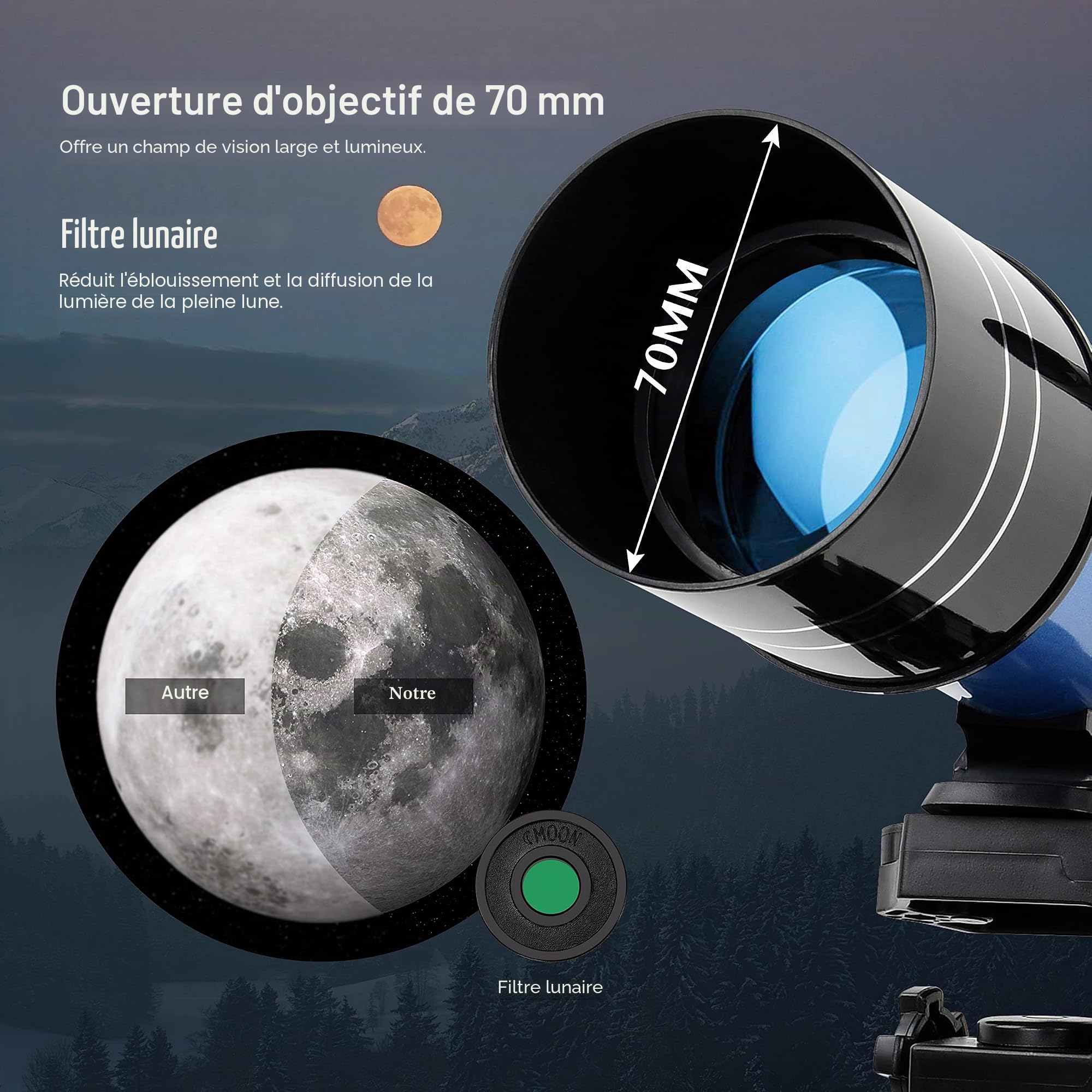 Aomekie Télescope Astronomique Adulte 400/70mm Lunette Astronomique Réfracteur avec Adaptateur de Téléphone Trépied Ajustable et Chercheur pour Débutants (40070 avec Sac)
