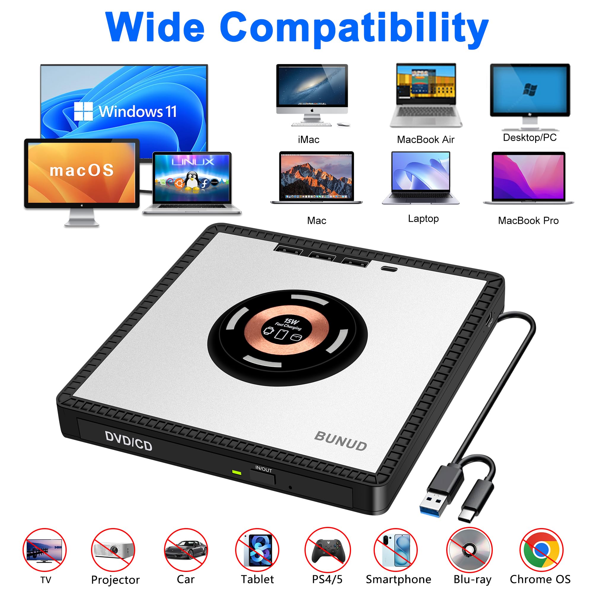 BUNUD Unità CD DVD esterna: USB 3.0 Superdrive per Mac Apple con caricabatterie wireless - Ricarica rapida 3 in 1 per iPhone/iwatch/AirPods - Masterizzatore CD portatile in alluminio Plug and Play con