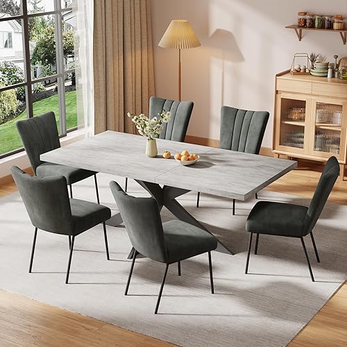 ZckyCine Juego de mesa de comedor extensible de 6 piezas, moderna mesa de madera gris de 63 a 79 pulgadas con 6 sillas de tela gris, mesa de comedor