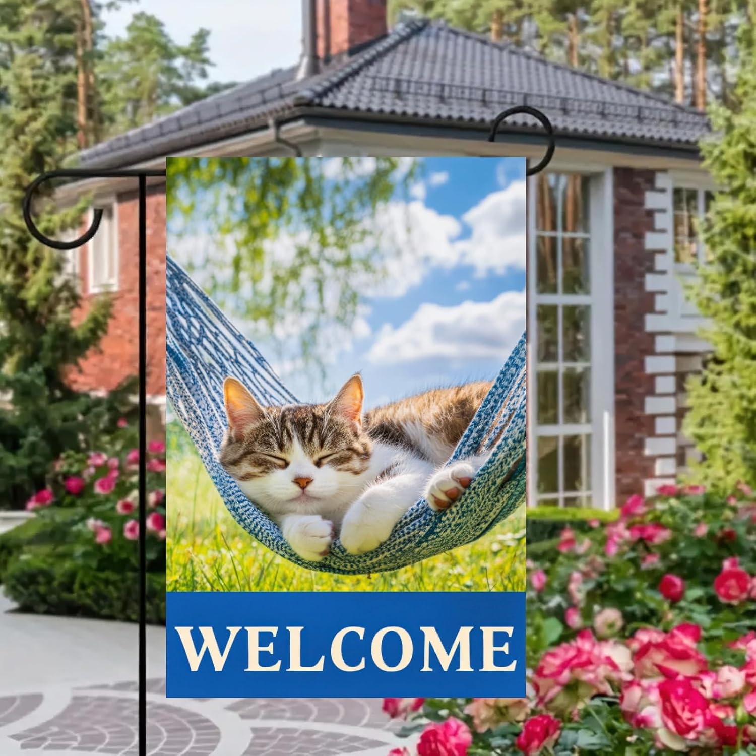 Welcome Cat Garden Flag Double Sided 12x18 Inch Spring Summer Cat Garden Flag Small Outside House Yard Lawn Holiday Funny Garden Yard Holiday Farmhouse Outdoor Outside Decoration(ONLY FLAG) - Image 3