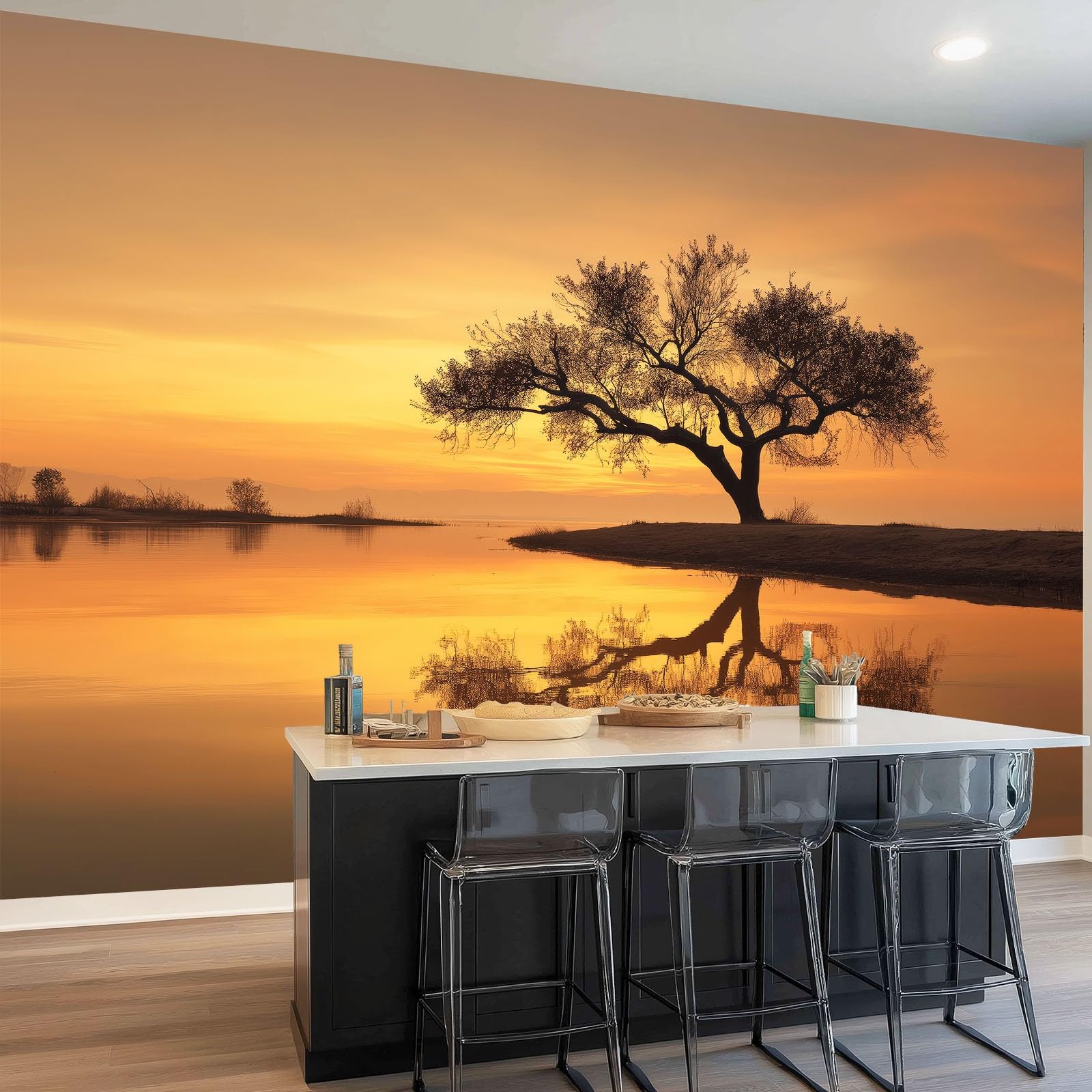 Fototapeta natura tapeta ścienna plakat pomarańczowy drzewa jezioro zdjęcie do sypialni salonu TV ściana 300 x 210 cm