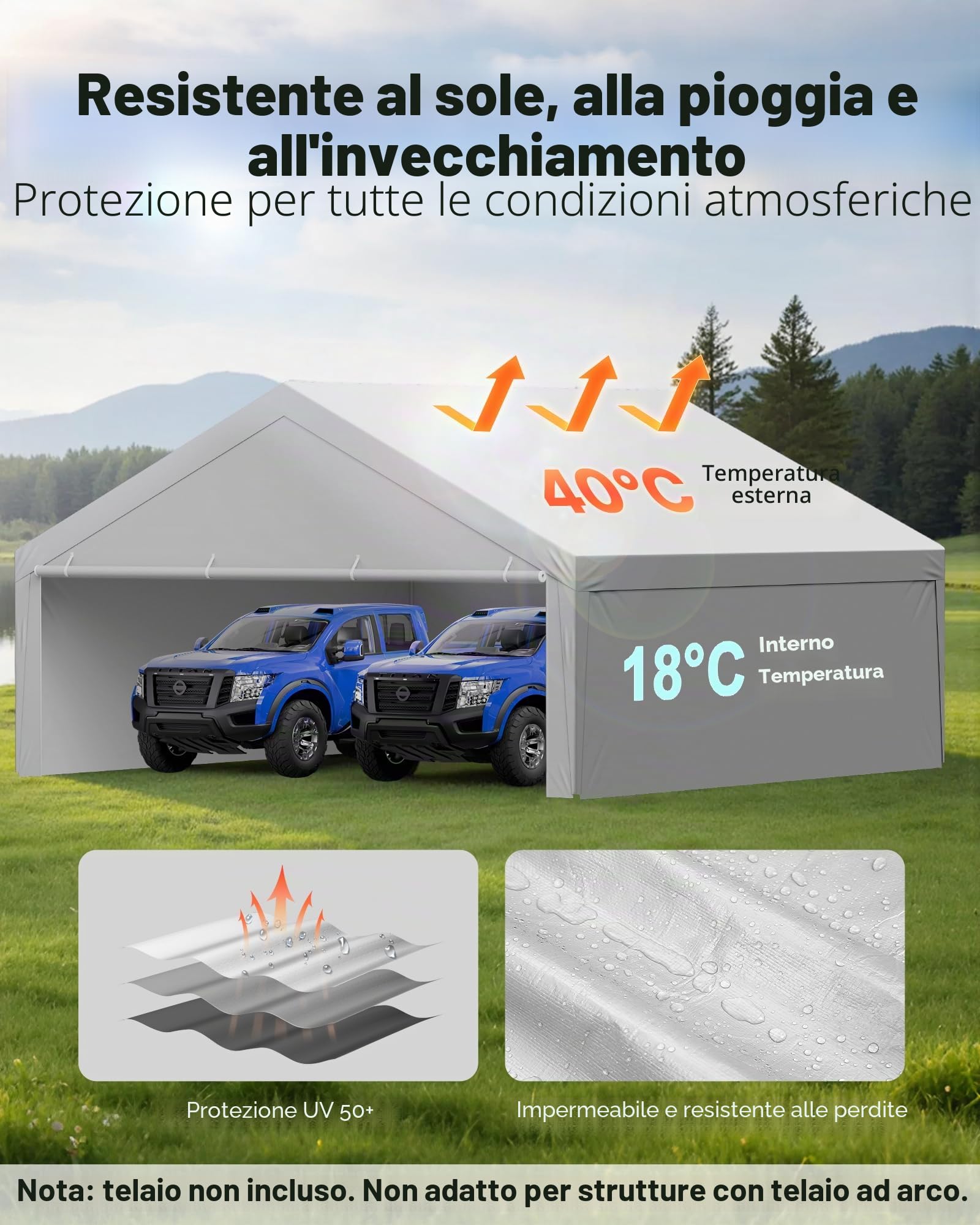 VEVOR Tettoia per Posto Auto Coperto, Telo Superiore per Tenda da Garage con Pareti Laterali e Cordini Elastici a Sfera 6,09 x 6,09 m, Resistente ai Raggi UV Impermeabile, Telaio non Incluso, Grigio