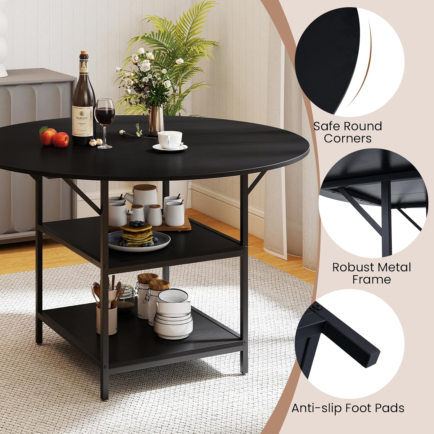 Round Dining Table 120 cm Wood, Kitchen Table Wood with 2 Shelves, Industrial Style Table for 4-6 People, Ideal for Dining Room & Living Room (Black)