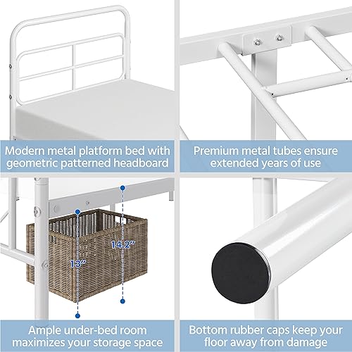 Miniatura 5 de Yaheetech Juego de 2 camas de plataforma de metal modernas de tamaño individual XL con cabecero con patrón geométrico, almacenamiento debajo de la