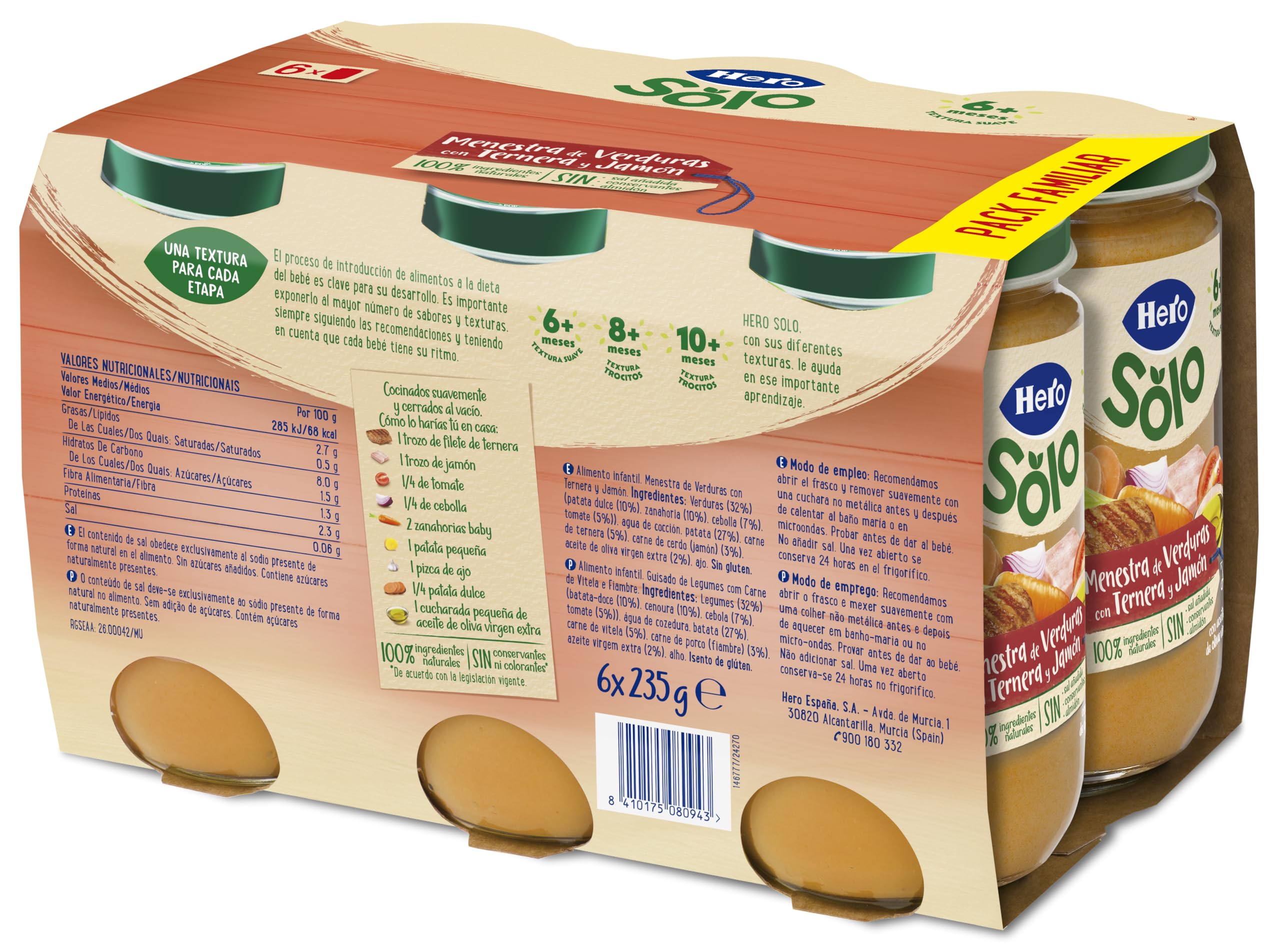 Hero Solo Tarritos Menestra Verduras Ternera Jamón Sin Sal Añadida 6 x 235 g Bebés 6 Meses