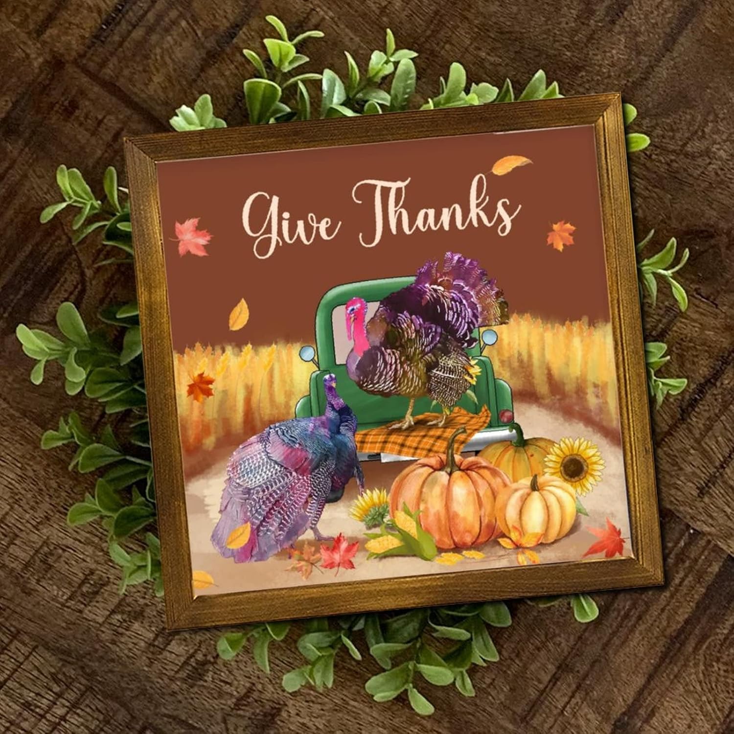 Give Thanks Framed Wood Sign Pumpkin Turkey Sunflower Maple Leaves Wood Sign Plaque Classic Autumn Harvest Wall Art Hanging Farmhouse Decoration Plaque for Living Room Front Door 12x12 inch