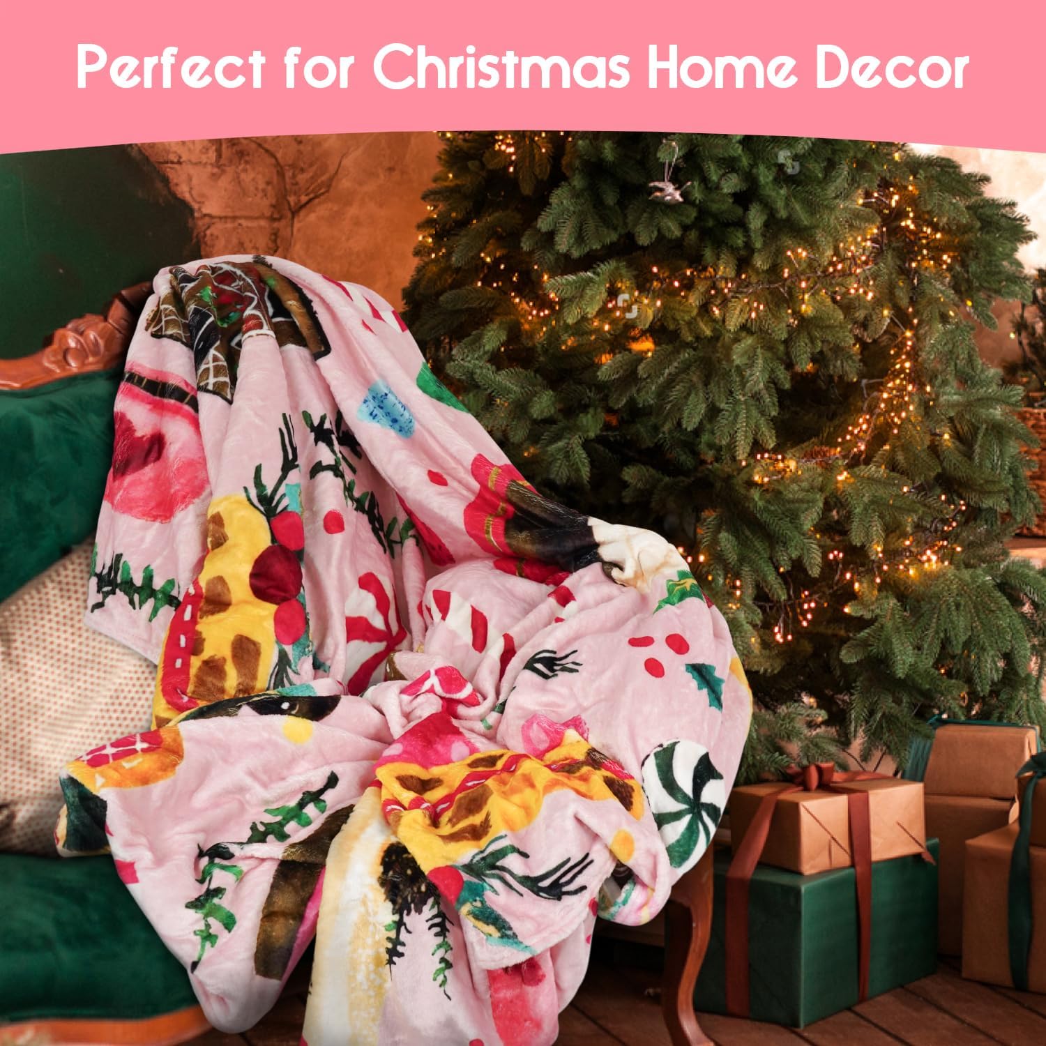 Throw Blanket for Couch 60"x50",Pink Winter Holiday Festival Cute Gingerbread House Cake Trees Blankets for Woman,Soft Flannel Fleece Throws for Home Living Room Bed Chair Decor