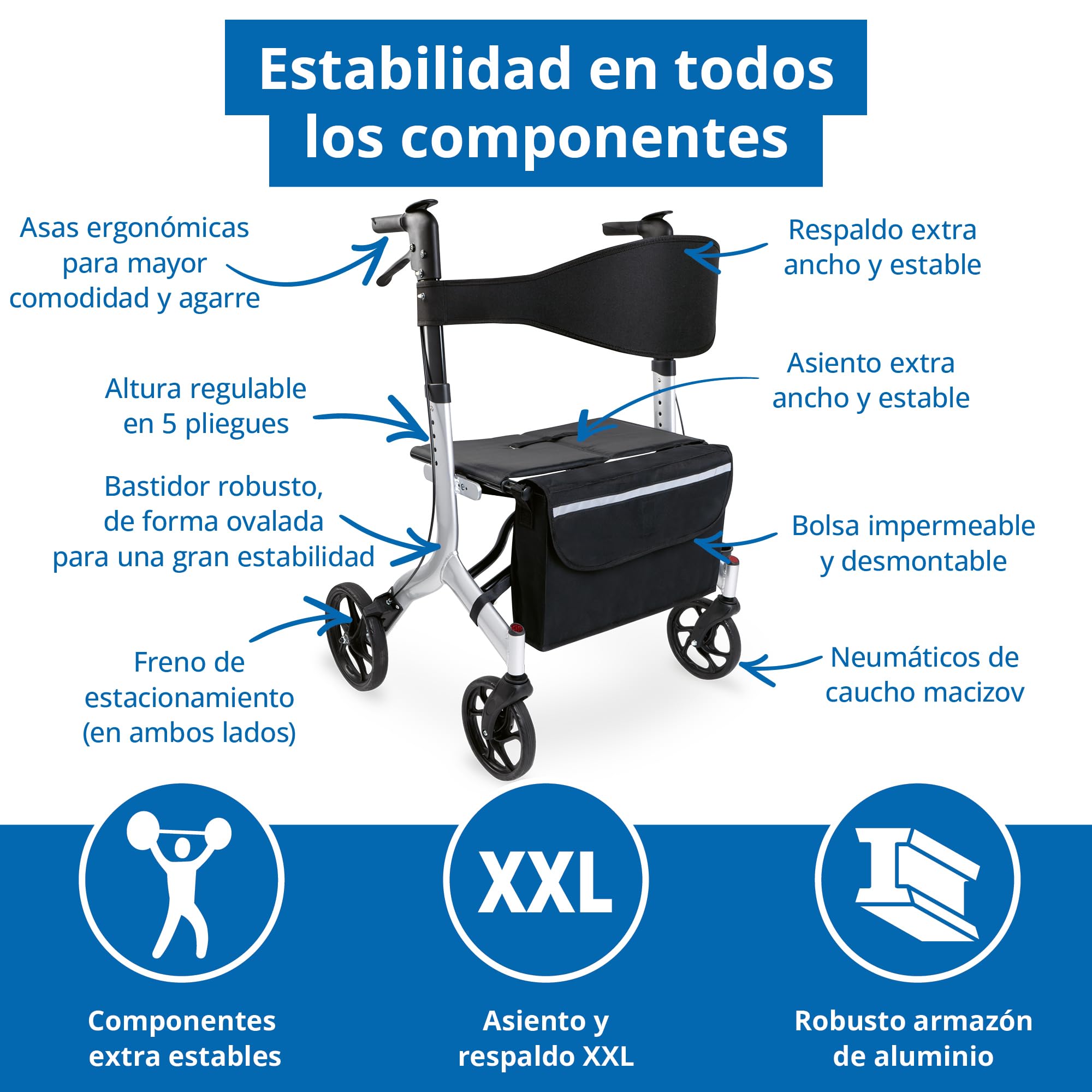 Weinberger Andador XXL de aluminio, estable hasta 180 kg, dispositivo médico clase 1, certificado SGS, plegable, altura ajustable, plegable, estable, 02262