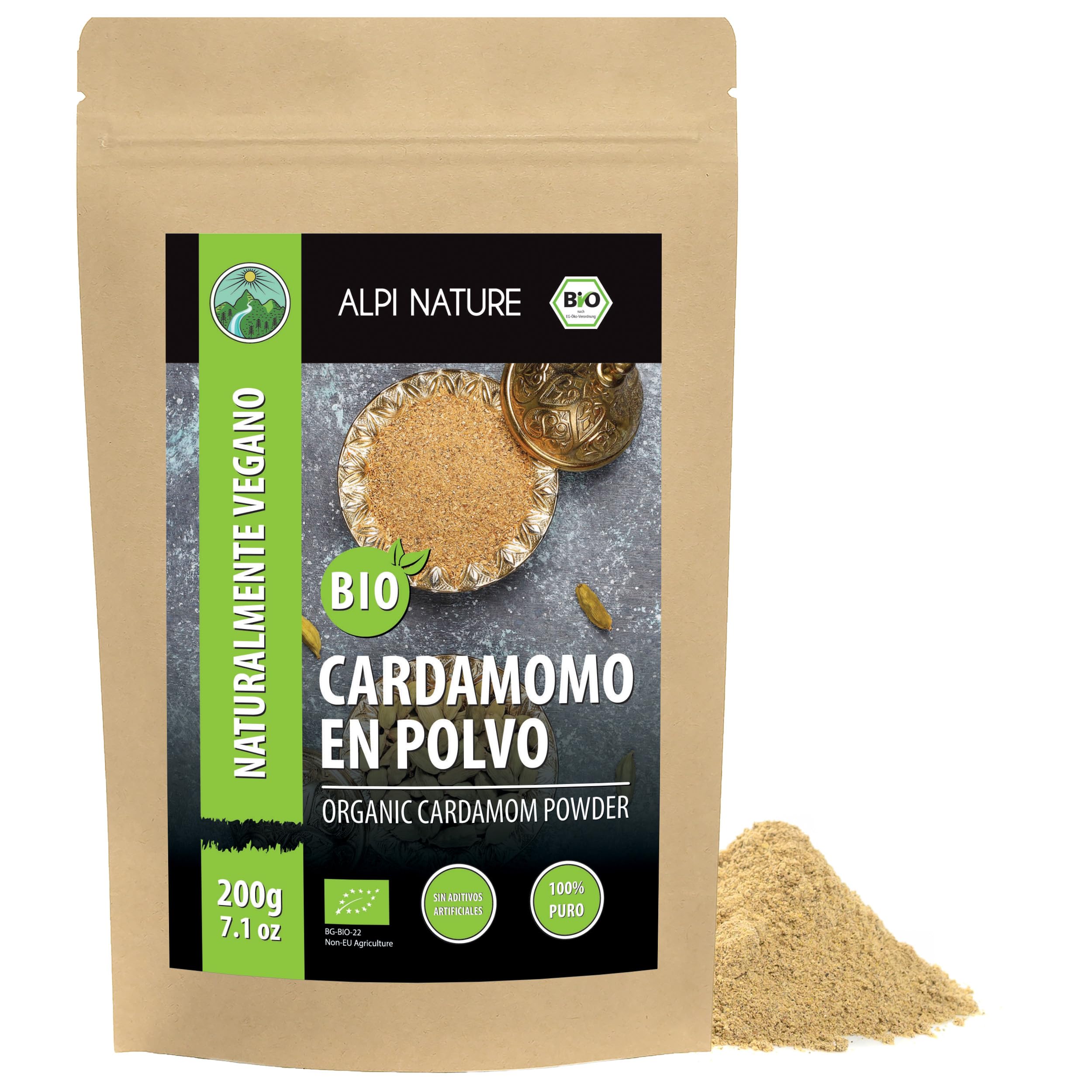 Alpi Nature Cardamomo Orgánico Molido 200g, Vainas y Semillas de Cardamomo Verde en Polvo para Cocinar y Hornear