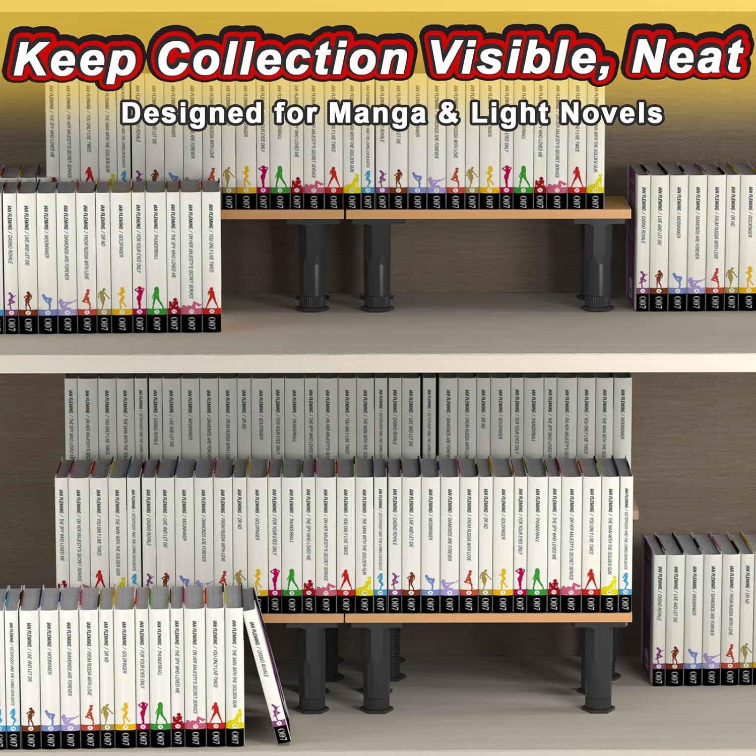 Manga Shelf Risers, 2 Pack Bookshelf Risers for Double Row Book Display, Height Adjustable, Light Wood Finish, Space Saving Organizer for Manga, Figures & Collectibles