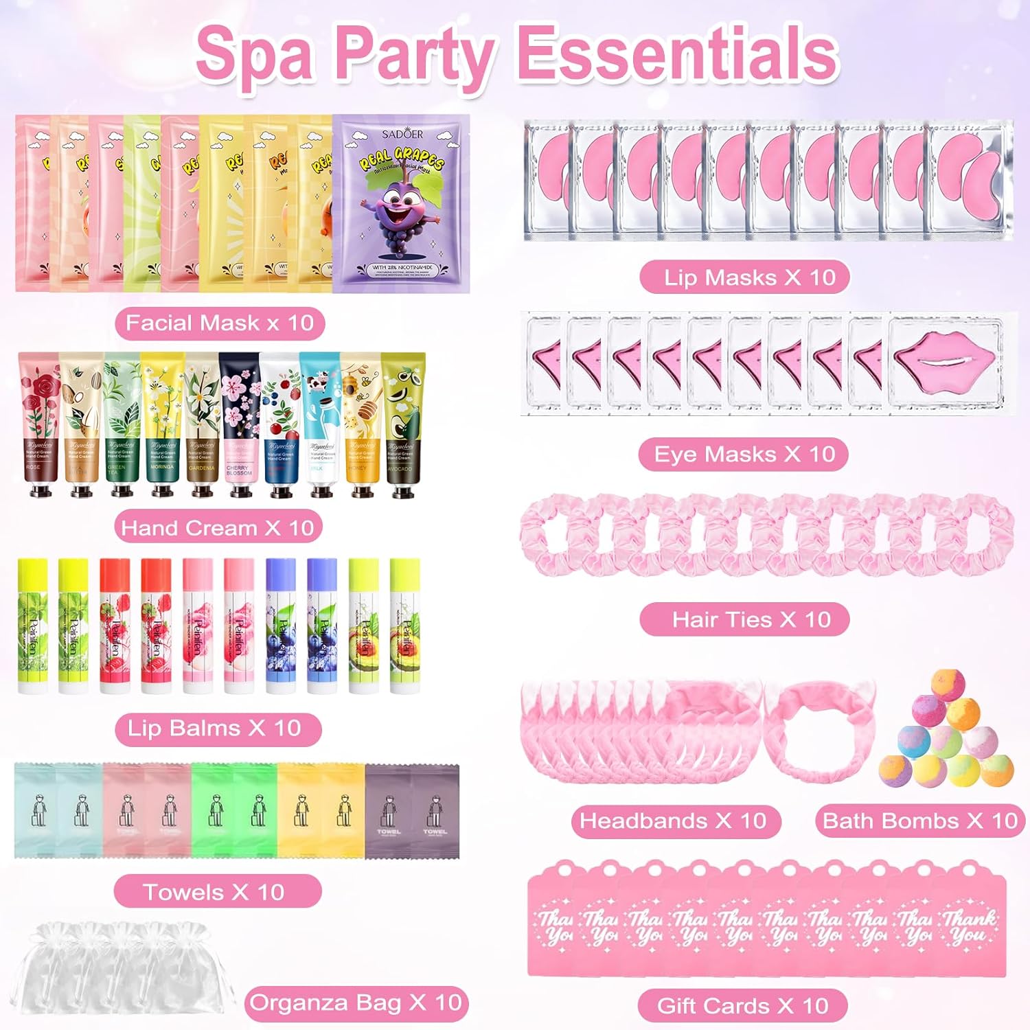 110PCS Spa Party Supplies for Girls, Daughter Spa Party Favors Include Face Masks,Hand Cream,Lip Balm,Foot Bath Bombs,Headbands,Lip Mask,Sleepover Party gifts,Stocking Stuffers for teen Girls