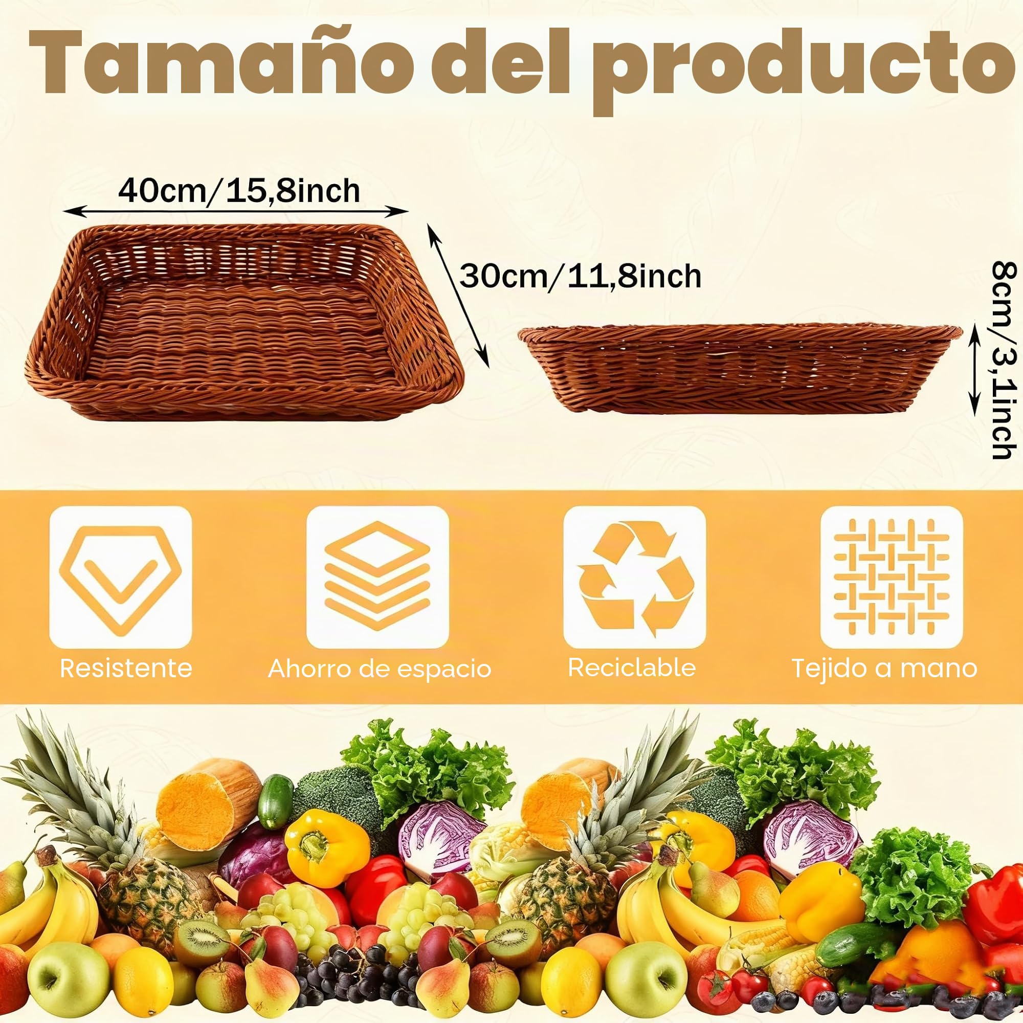 DAJAVE Juego de 4 cestas para panecillos 40x30x8 cm, cestas de pan trenzadas, cesta de mimbre de ratán, cesta de almacenamiento tejida de mimbre para verduras, frutas, pan, alimentos, para el hogar