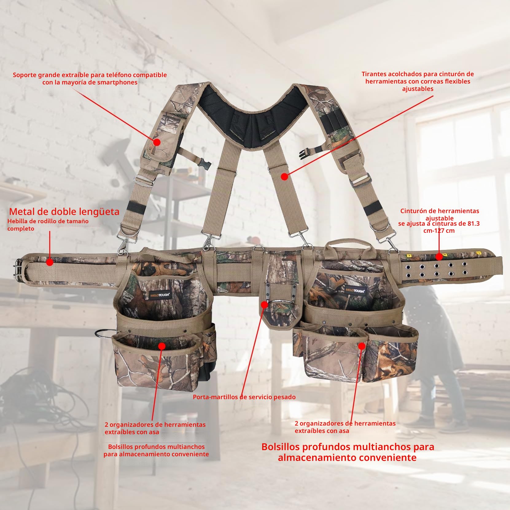 MELOTOUGH - Cinturón de herramientas con camuflaje y tirantes Bolso de herramientas con camuflaje y tirantes Combinación de peine, delantal, cinturón de herramientas, bolsa de herramientas para