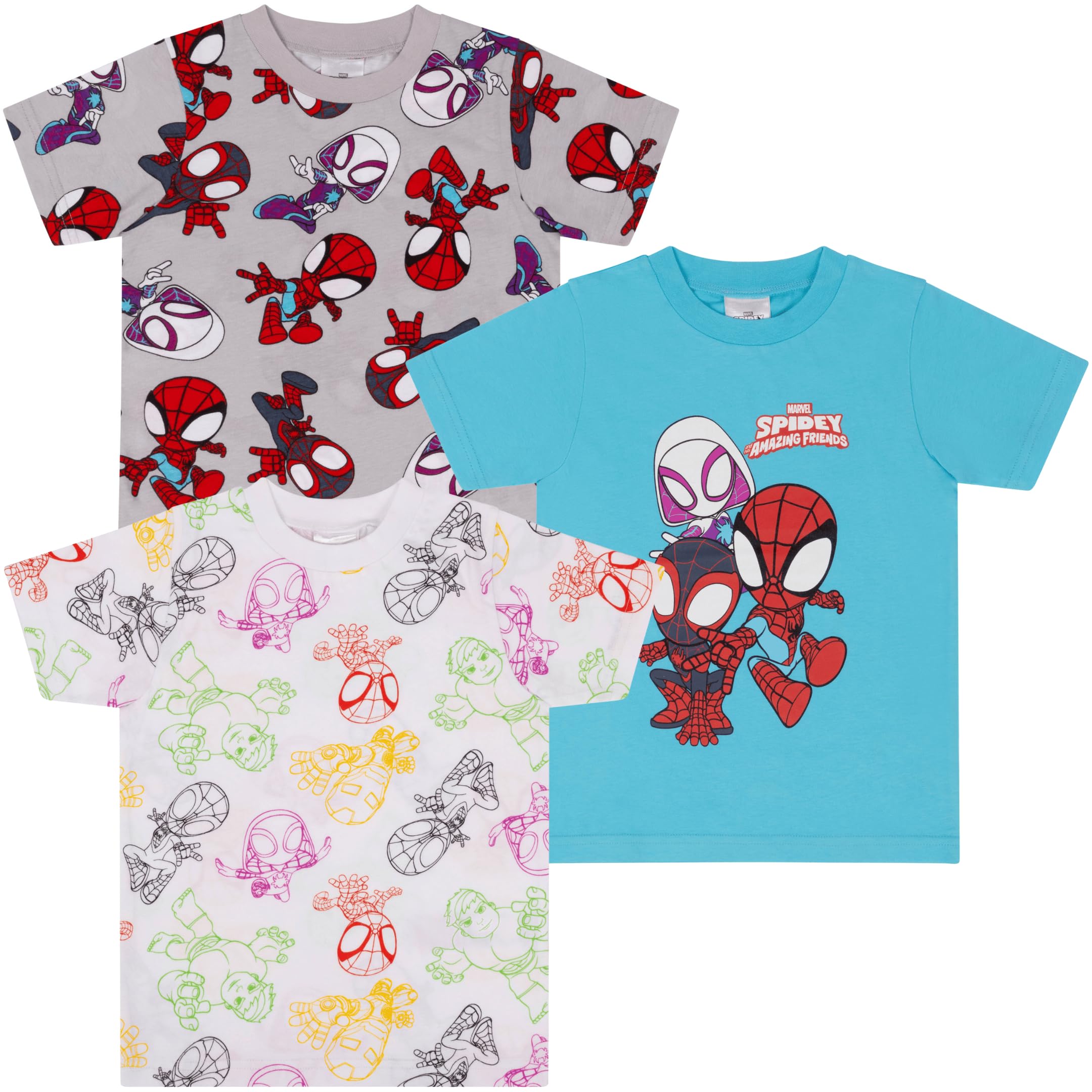 Spidey & Friends/Spiderman - Confezione da 3 Magliette a Maniche Corte in 100% Cotone, per Ragazzi