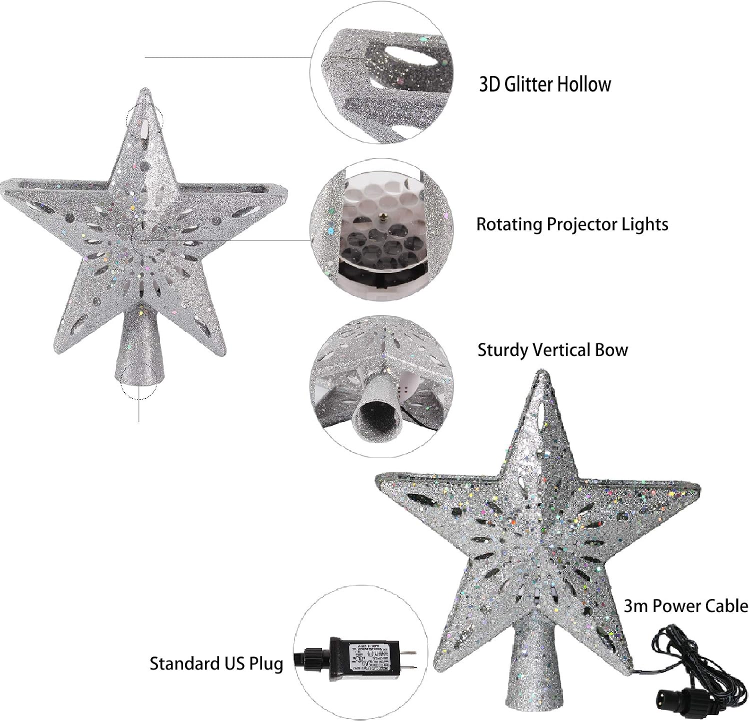 Sliver Christmas Tree Topper Lighted with White Snowflake Projector, LED Rotating Snowflake, 3D Glitter Lighted Snow Tree Topper for Christmas Tree Decorations for Christmas Holiday Party Decoration
