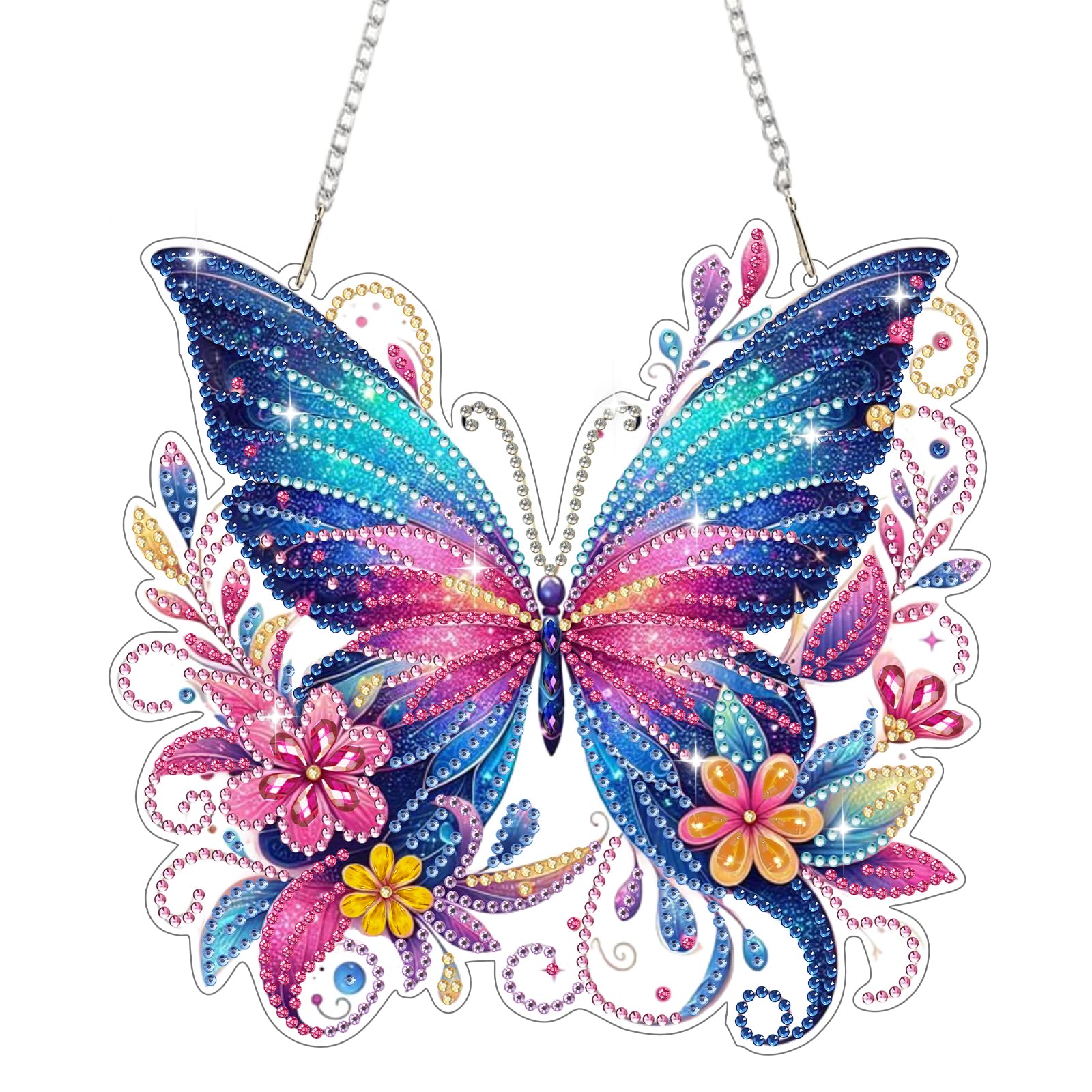 Bowetile Diamond Painting Hanging Ornament with Chain, Butterflies Flowers Diamond Painting Pendant Kit for Adults Beginners Kids, Special Diamond Crystal Gem Arts Crafts Kit Gift for Home Wall Decor