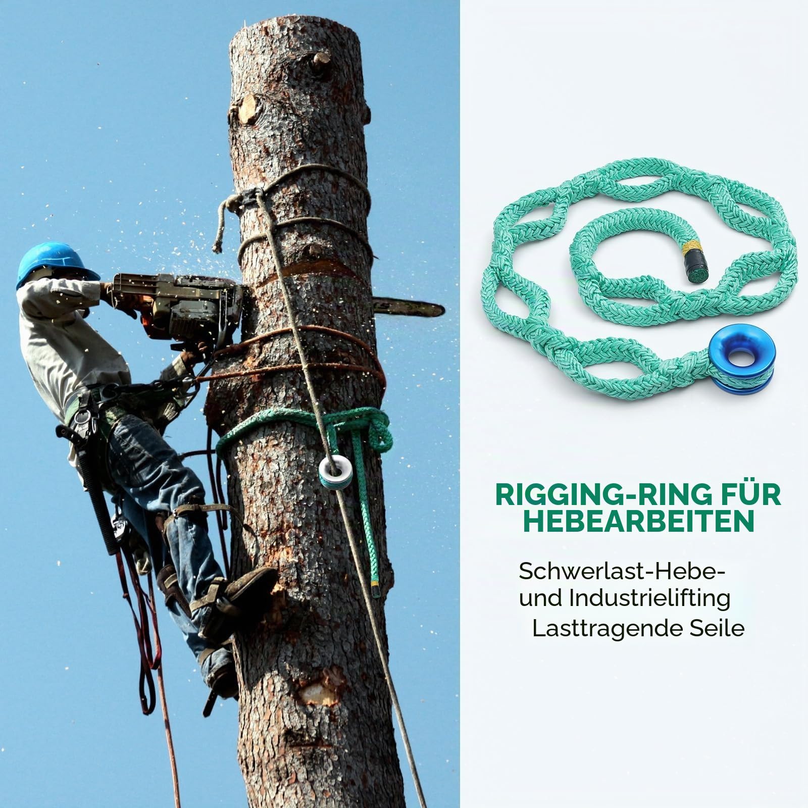 Hebeseil mit Ring für Baumpflegearbeiten, 3,5 cm x 210 cm, 70 kN,Aluminiumring mit 7 Verstelltaschen, robustes grünes Polyester,Reibungsarm Takeling-Ringschlingenseil für Baumarbeiten,Kronenanker