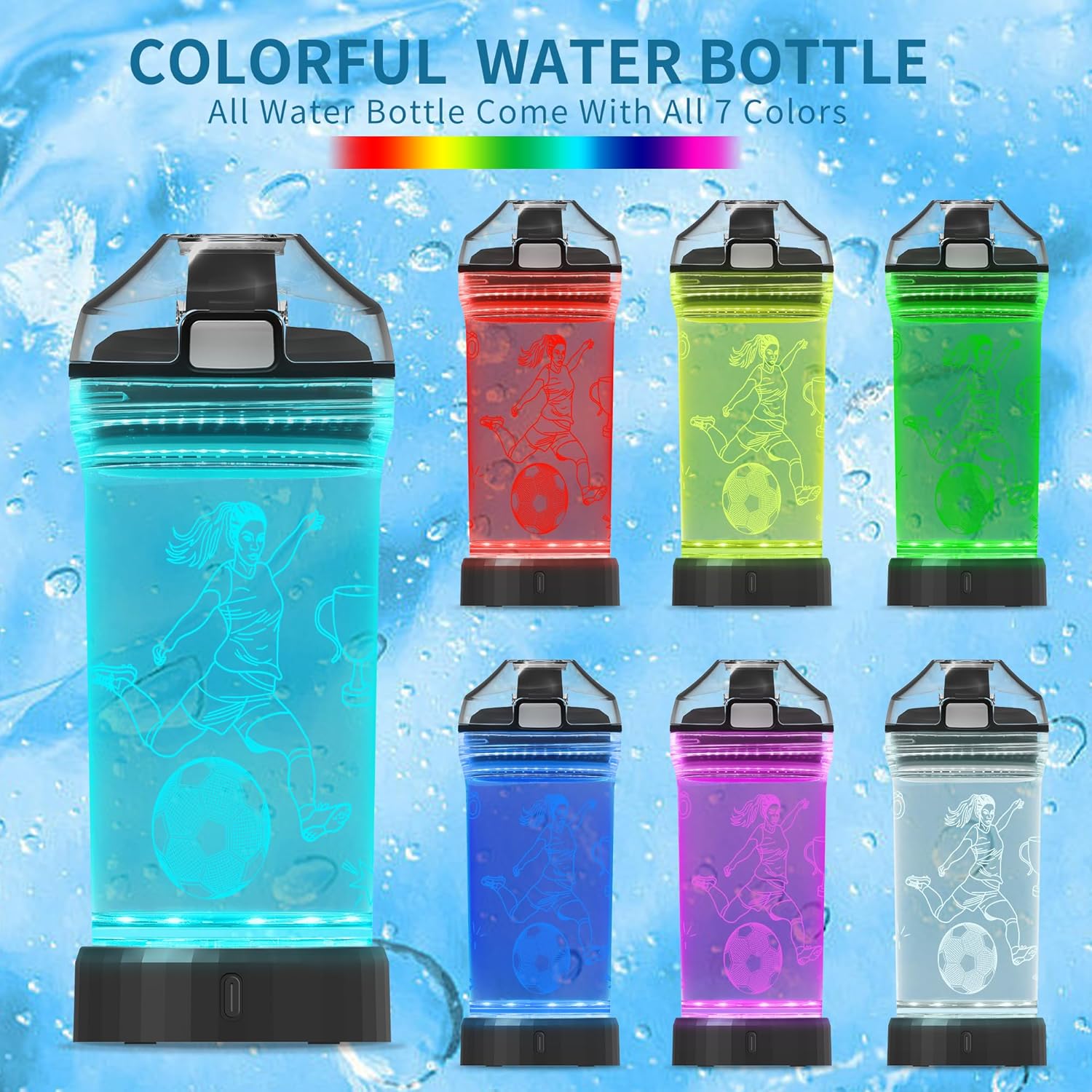 Football-Themed Decor, Pack of 2, Light Up Football Player 3D Illusion Lamp Night Light with 16 Colors Remote + 14 OZ Tritan BPA-Free Light Up Kids Sport Water Bottle, Gift for Girls, Women