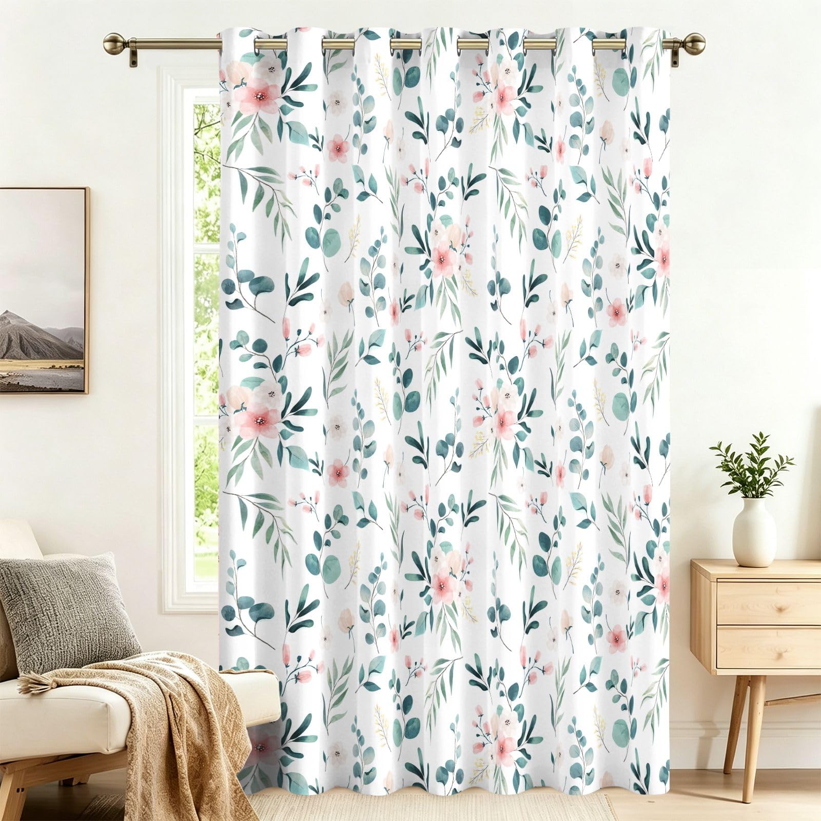 Fadaing Eucalyptus Small Floral Print Blackout Curtains with Eyelets, 1 Piece, Extra Wide Living Room Door Curtain, 183 x 132 cm Privacy Screen, Opaque, Patterned, Against Heat, Darkening Room Divider