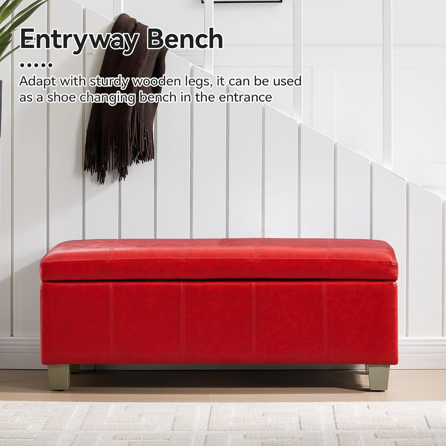 41" Faux Leather Storage Ottoman, Stitch Tufted Rectangle Upholstered End of Bed Storage Bench, Entryway Large Couch Ottoman with Wooden Legs,Red - Image 6