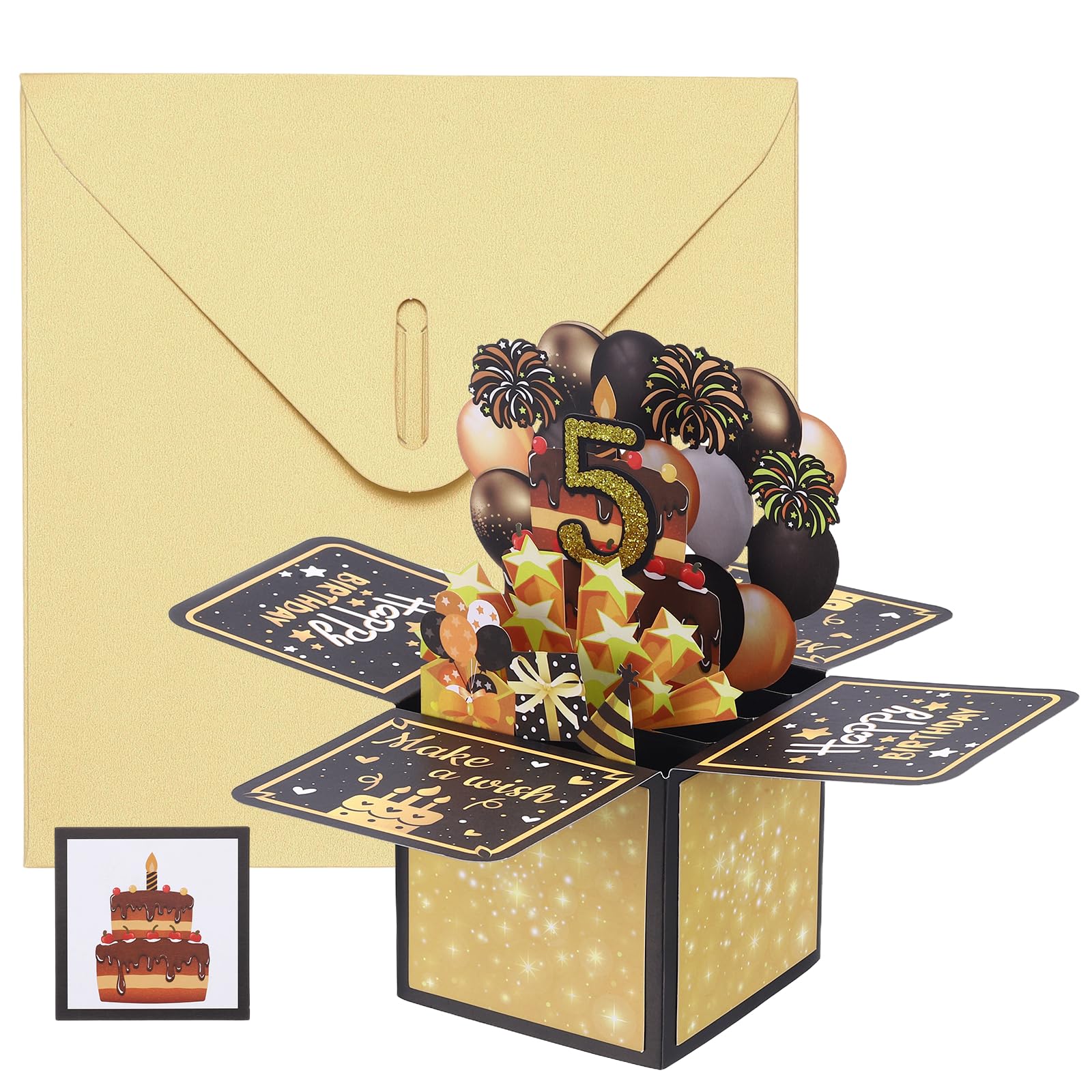 YOKIVE 1 Pcs 3D Birthday Card, 5th Fold Out Birthday Card with Envelope and Small Card for Birthday Party Anniversary Celebration Surprise Greeting Gift, Black Gold Tone — image 1