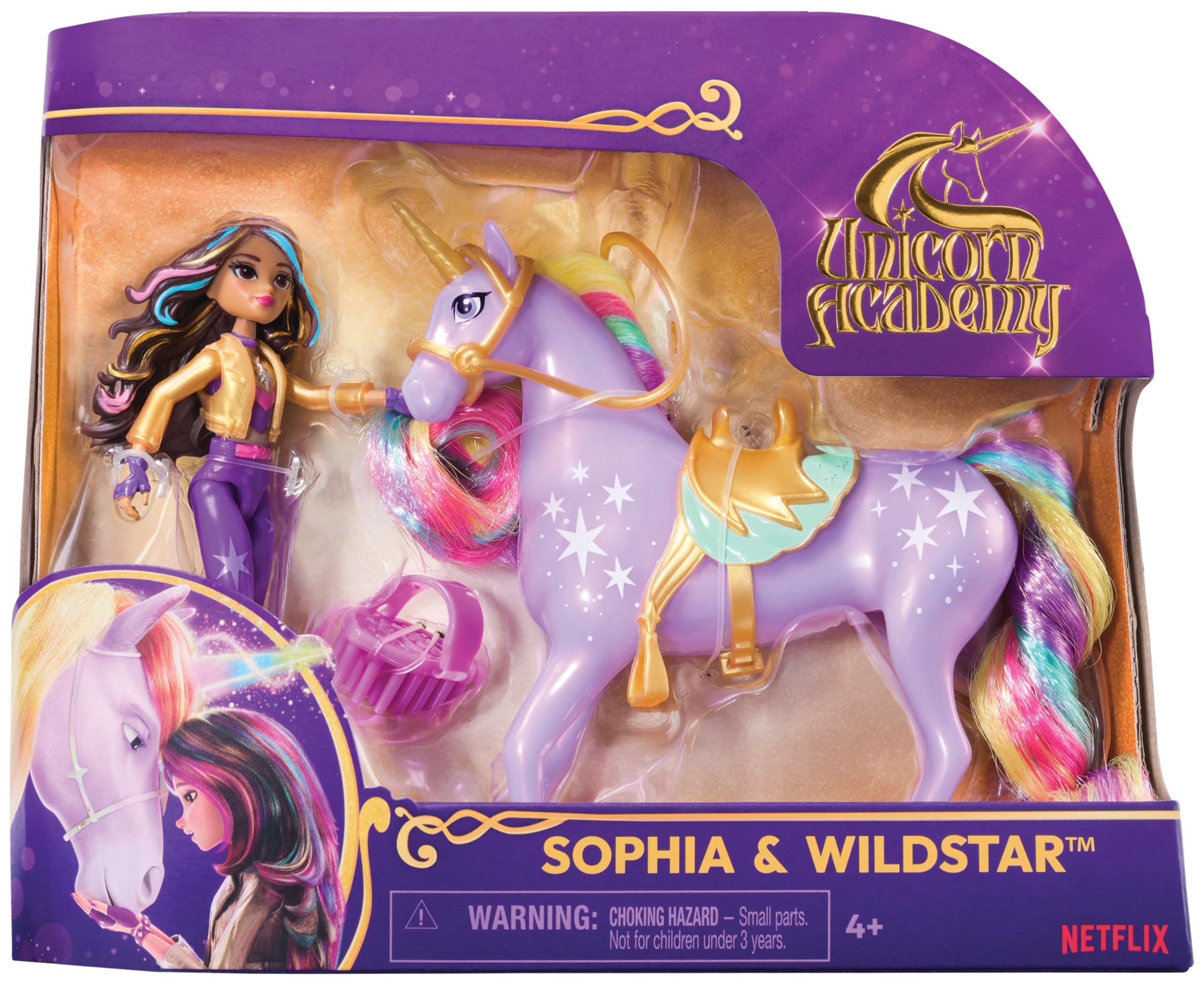 Set Unicorn Academy, Sophia & Wildstar con 2 Accessori Per l'Equitazione e Strumento per lo Styling dei Capelli, Bambole e Unicorni Giocattolo per Bambine, 4+ Anni