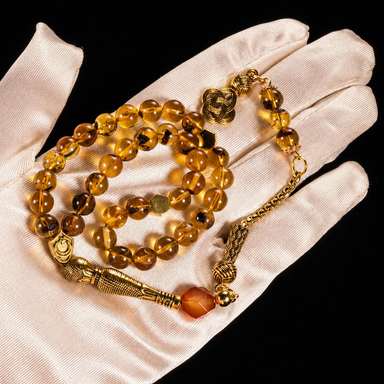 1 szt. Natural Amber Tasbih 33 Beads Misbaha Tesbih, ręcznie robione koraliki muzułmańskie z certyfikatem, unikalny design łańcucha i pudełko na prezent, prezent Ramadan Eid Hajj dla mężczyzn