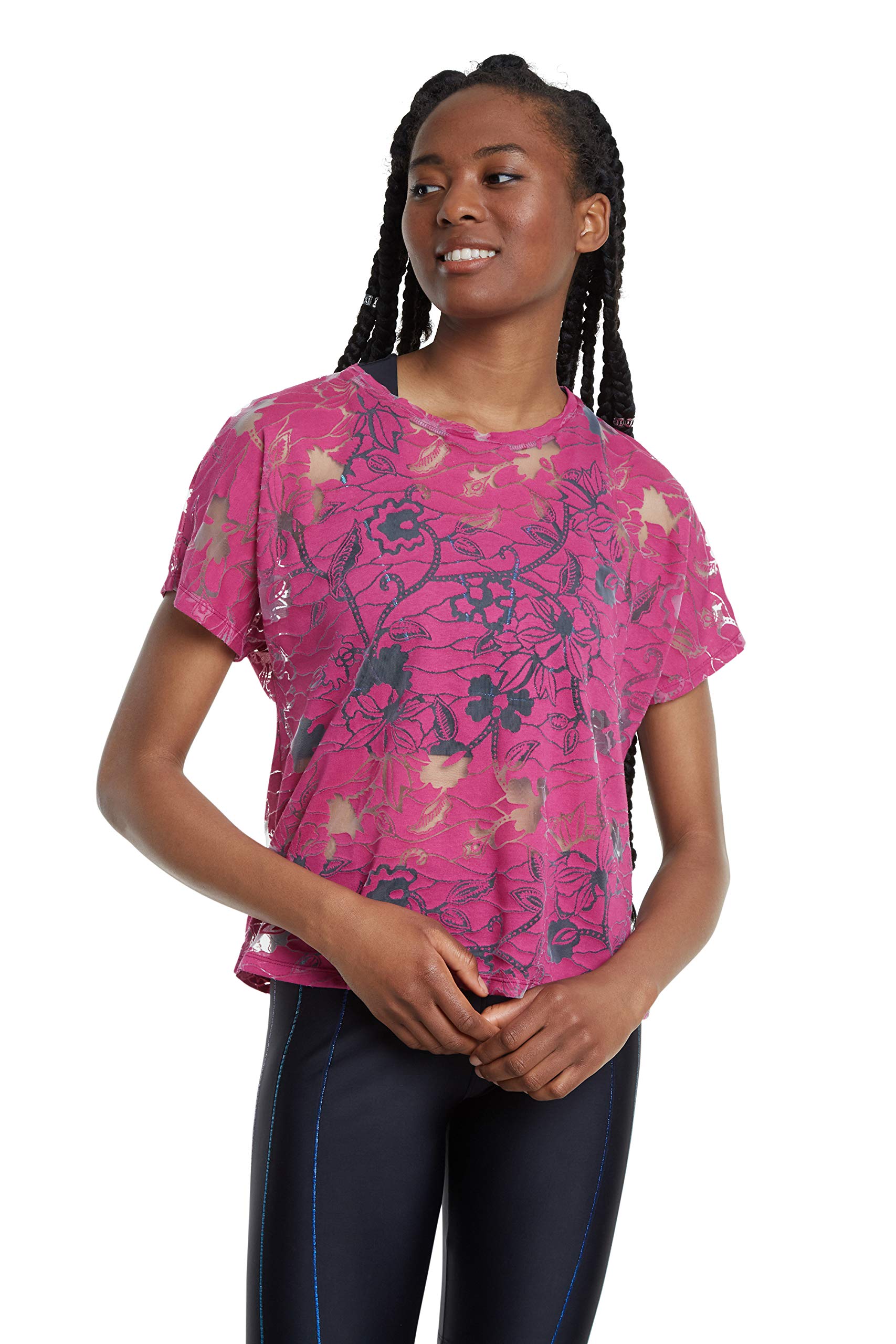 Desigual Women's Pink Devore Studio Floral Organic Sheer Activewear Tshirt S