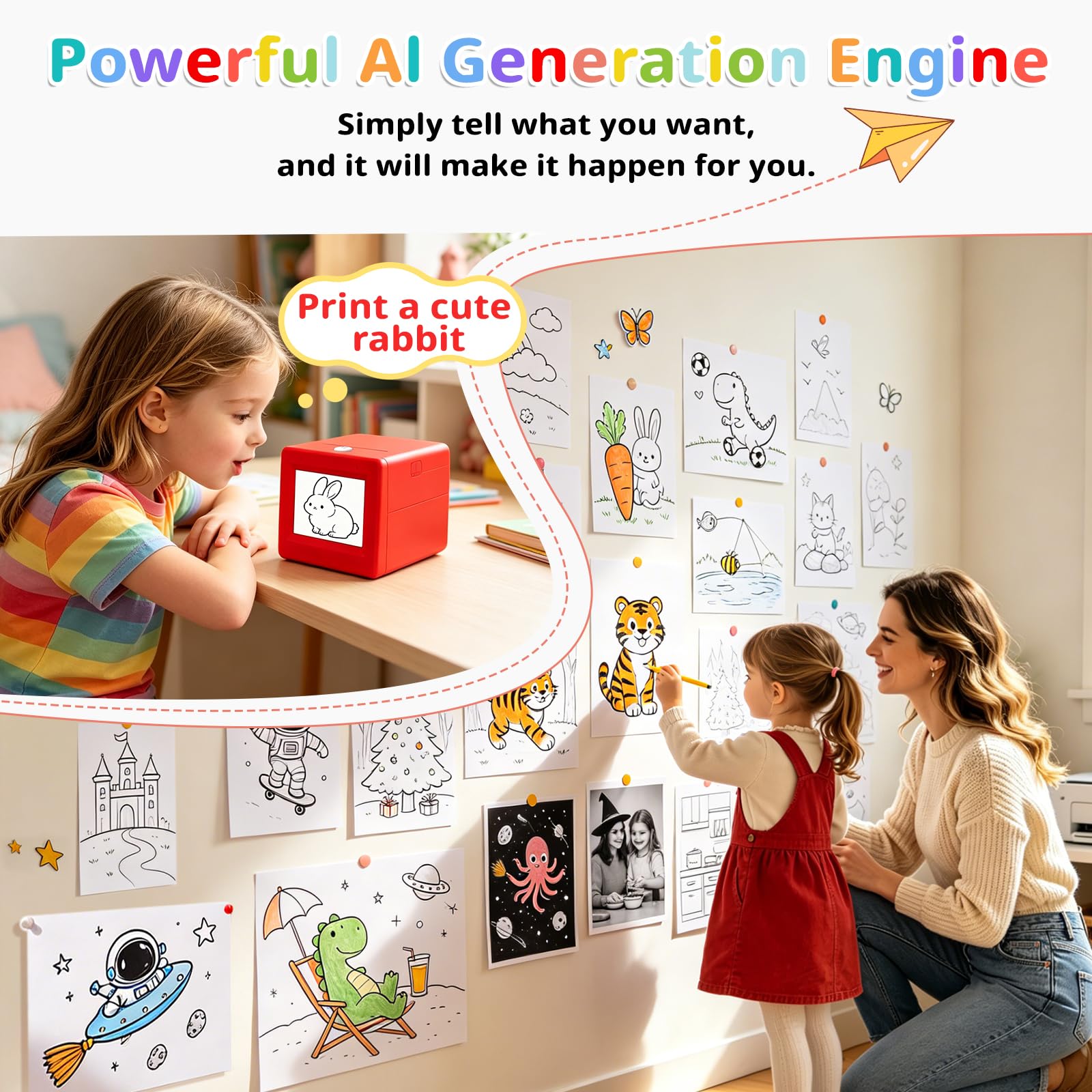 Stampante Termica Portatile Smart AI Voice Sticker Stampante per Bambini, Stampante Termica Senza Inchiostro Senza fili, Mini Creatore di Adesivi Termici con Controllo Vocale e 6 Opzioni