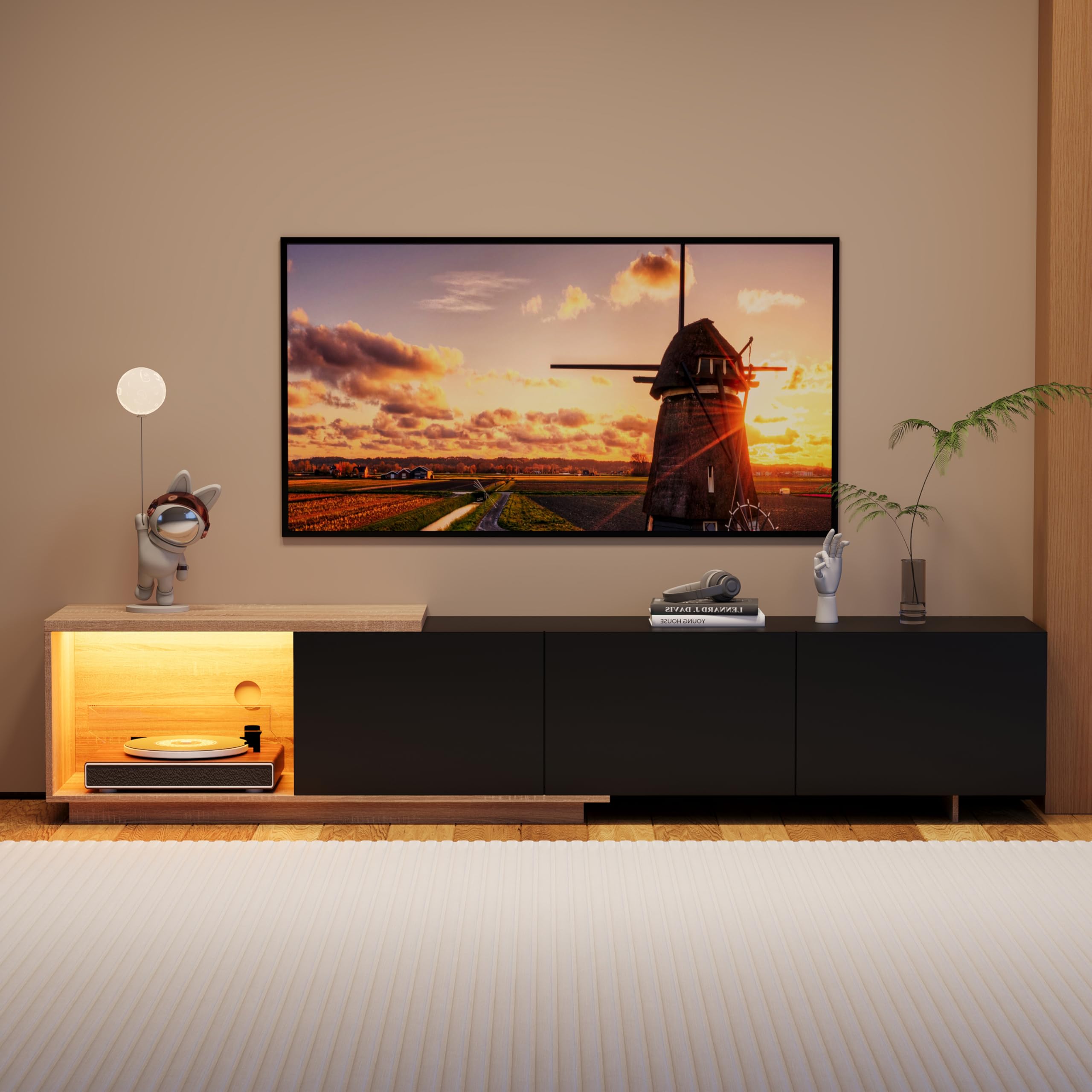 LIVLUX Meuble TV Moderne avec 3 Portes de Rangement et Étagères en Verre Intégrées, Lumières LED Variables, Convient pour Salon ou Chambre (Noir+Ton Bois, 240 x 38 x 44 cm)