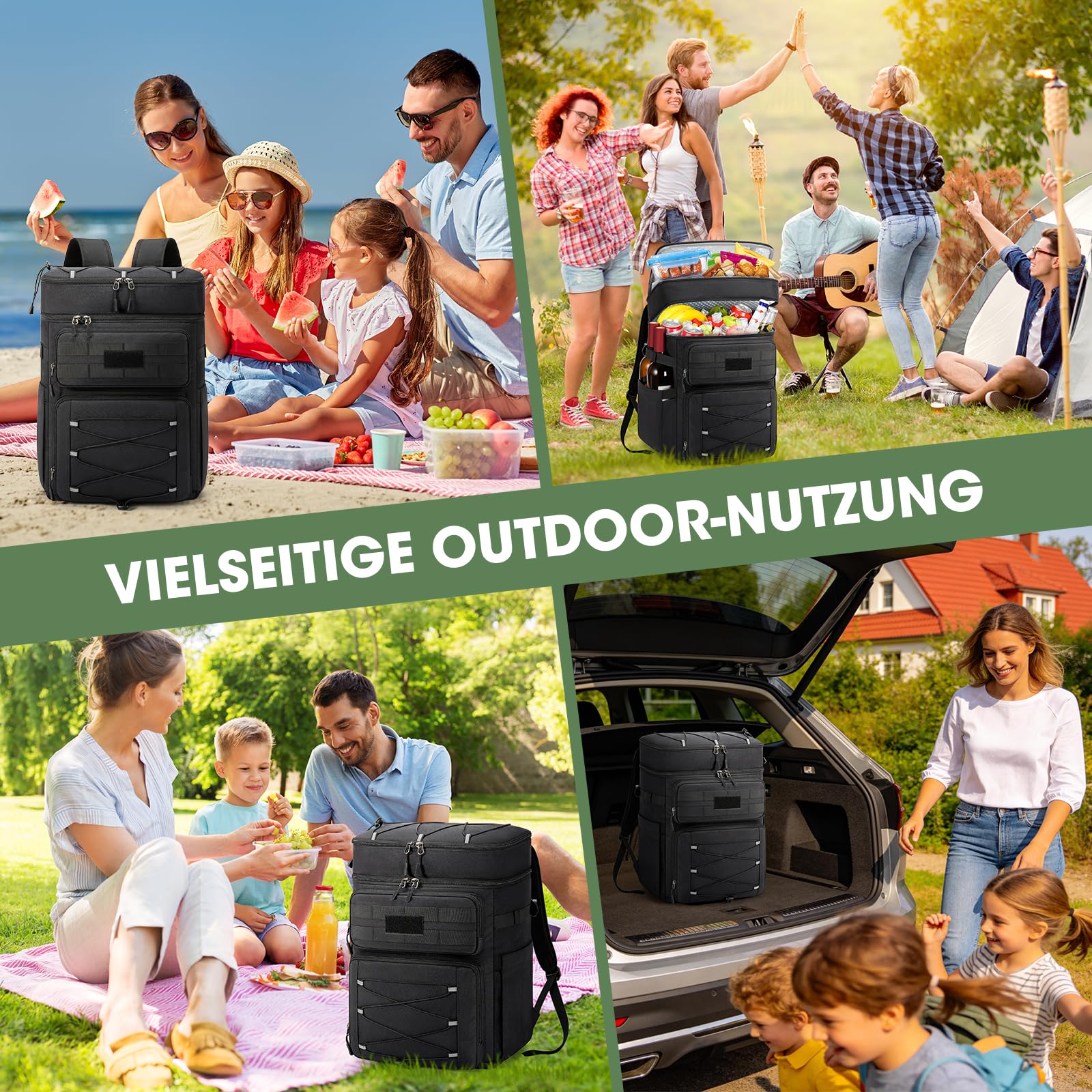 RAINSMORE Kühlrucksack 30L Auslaufsicher Groß Thermo Kühltasche Rucksack Doppeldeck Isolierter Picknickrucksack für Familie Outdoor BBQ Schwarz