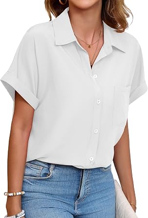 Poplab Womens Button Down Shirts Short Sleeve Work Blouse Casual Collared Office Shirt with Pocket
