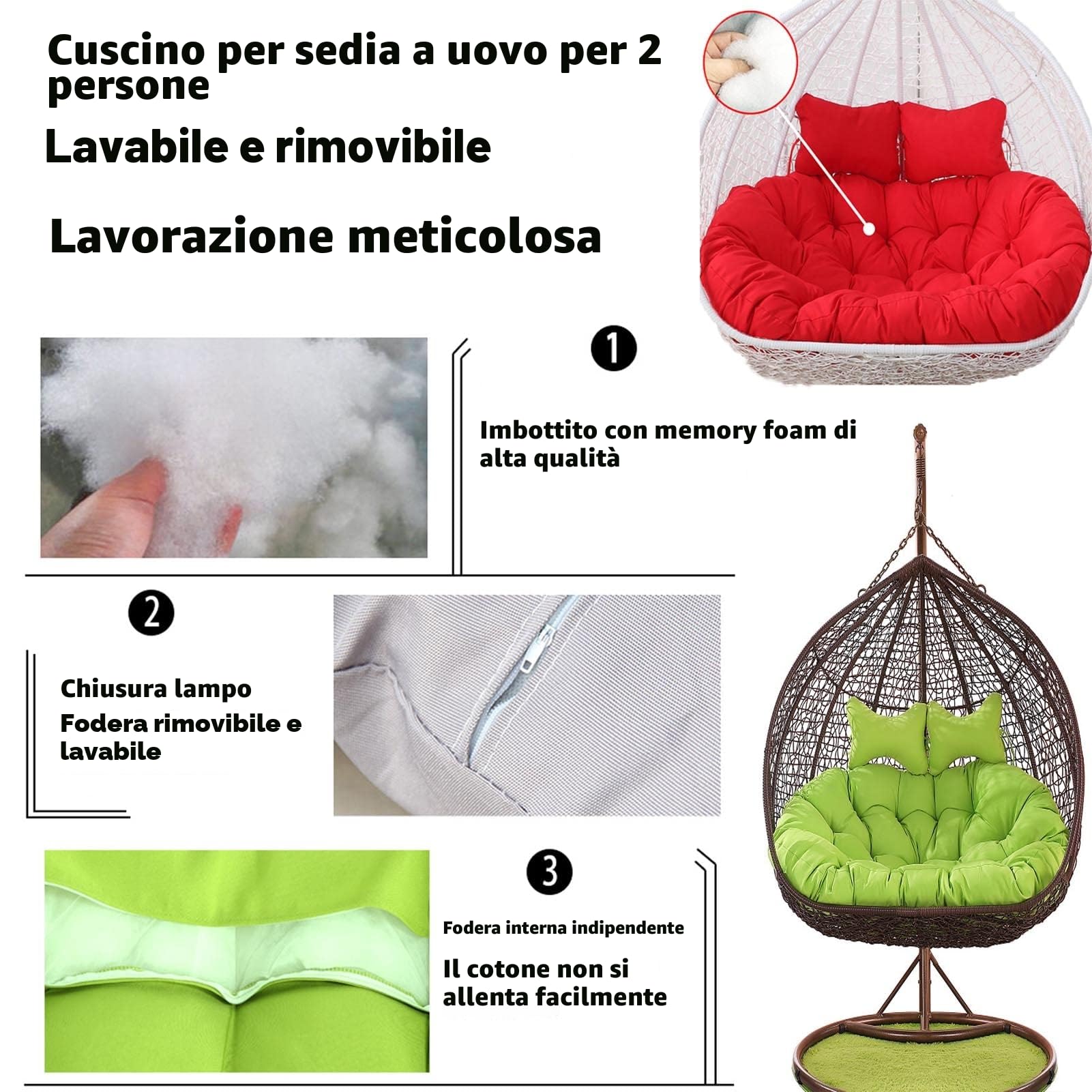 Poltrona a Dondolo Sospesa Doppia con Morbido Cuscino Profondo, Poltrona a Dondolo da Esterno a 2 Posti con Cordini, Completamente Imbottito, Design Non Crollabile (Grigio)