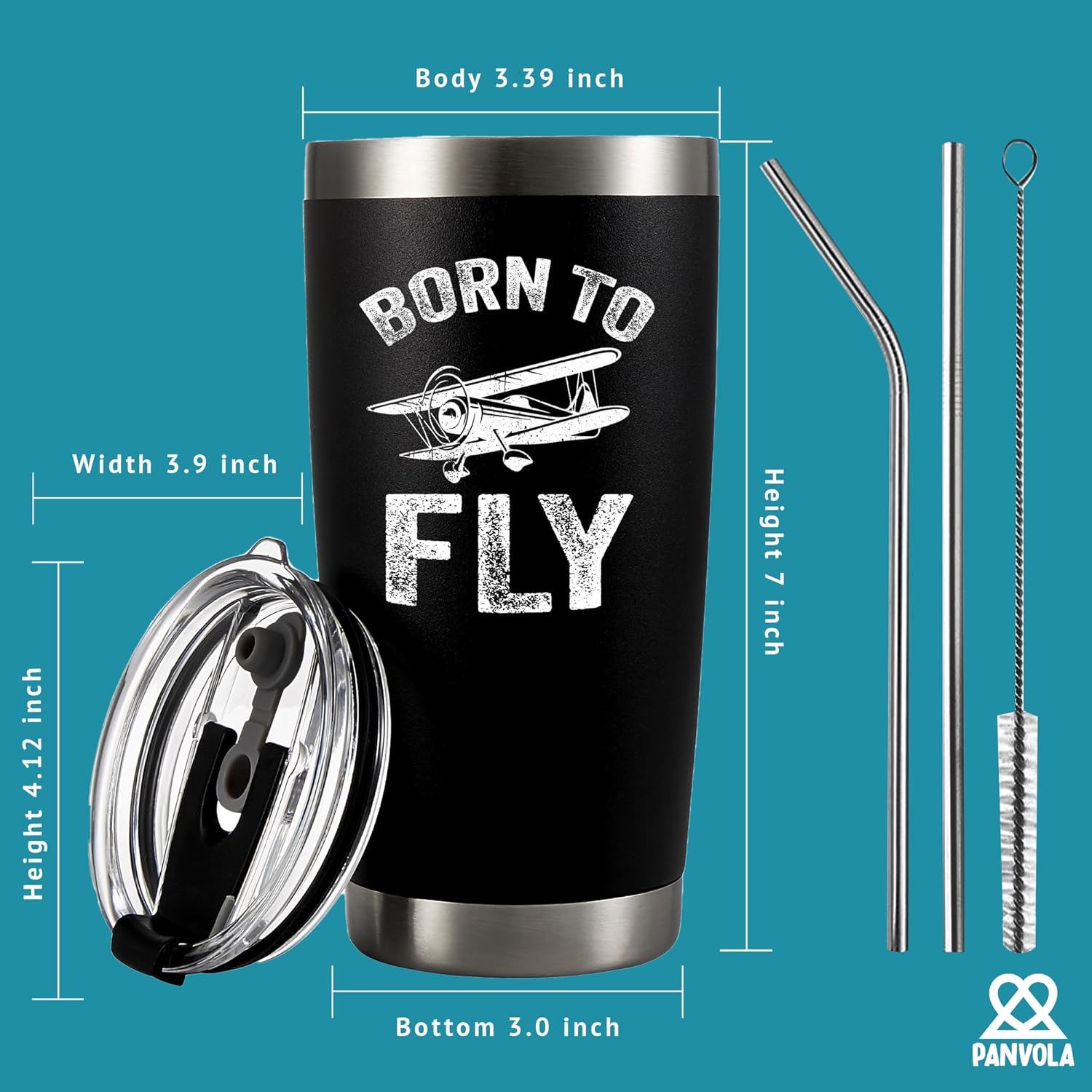 Panvola Born to Fly Pilot Gifts For Dad Husband Boyfriend Brother Aeronautics Aeronautical Student Vacuum Insulated Tumbler Stainless Steel Travel Mug with Lid and Straw 20 oz Black - Image 5